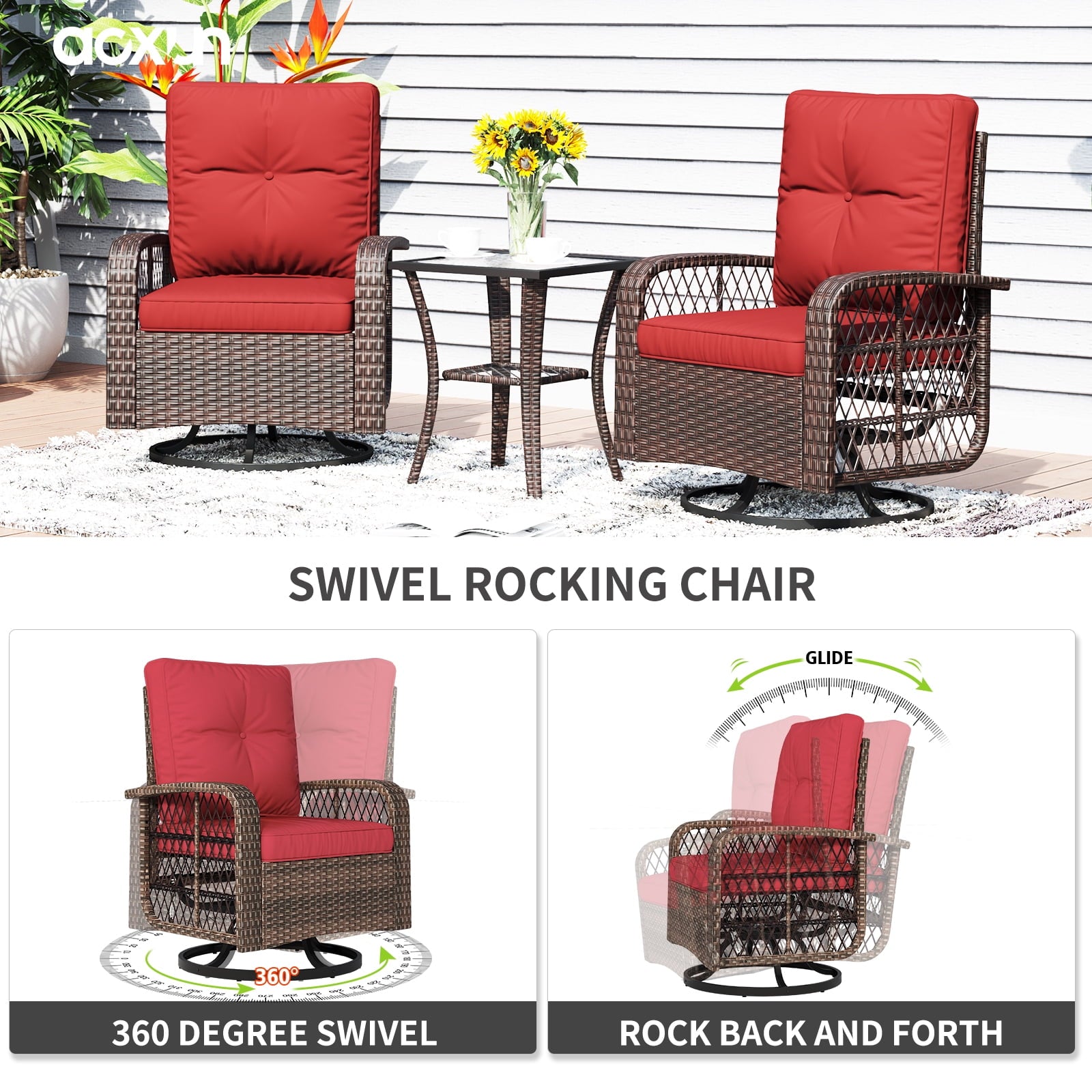 10pcs Patio Conversation Set with Fire Pit Table（Include Waterproof Cover）, Outdoor PE Rattan Sectional Sofa Sets with Swivel Chairs for Backyard,Red