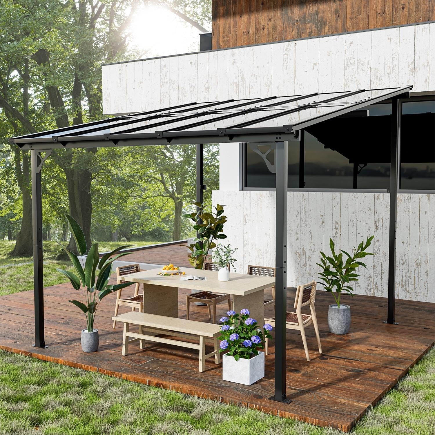 10'x10' Hardtop Gazebo, Outdoor Wall-Mounted Aluminum Pergola with Sun Panels for Garden, Patio, Backyard, Gray