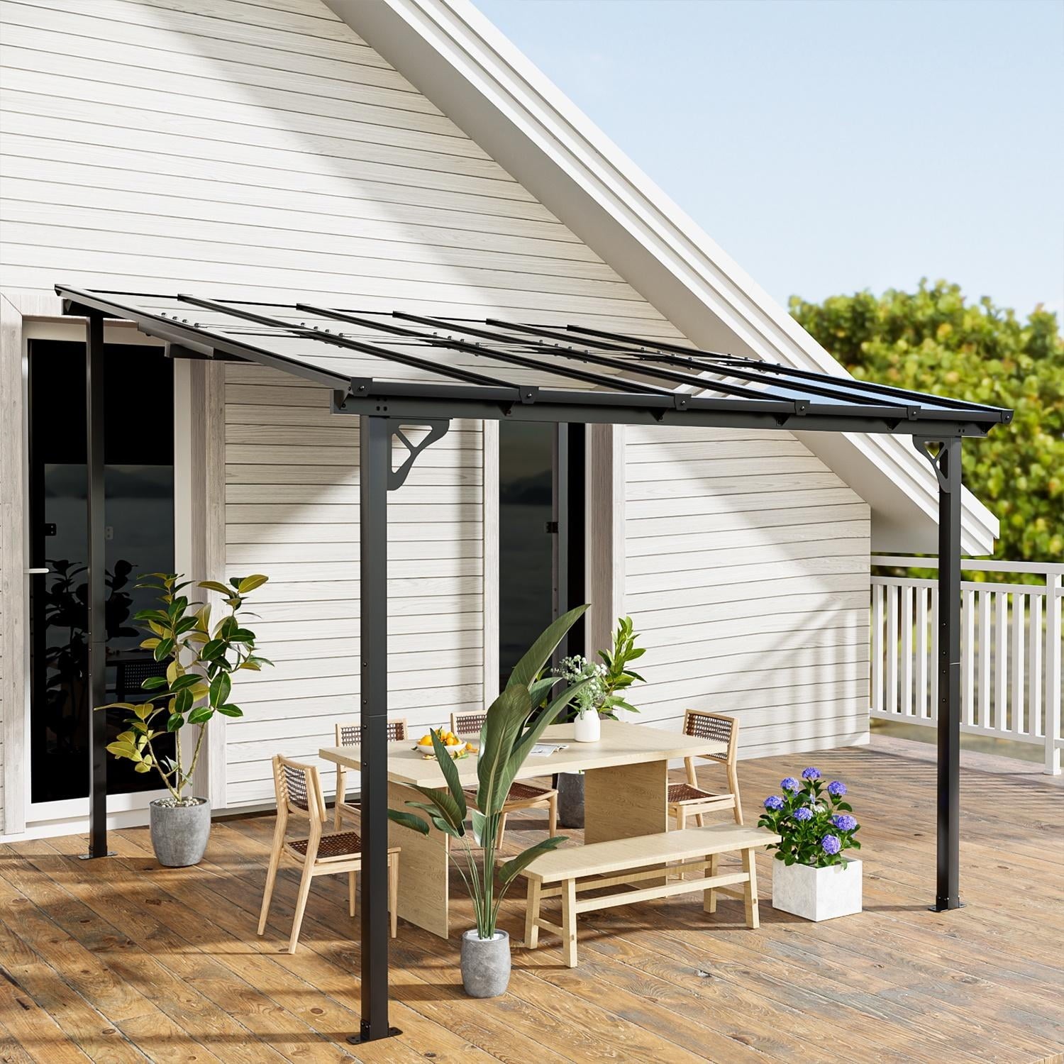 10'x10' Hardtop Gazebo, Outdoor Wall-Mounted Aluminum Pergola with Sun Panels for Garden, Patio, Backyard, Gray