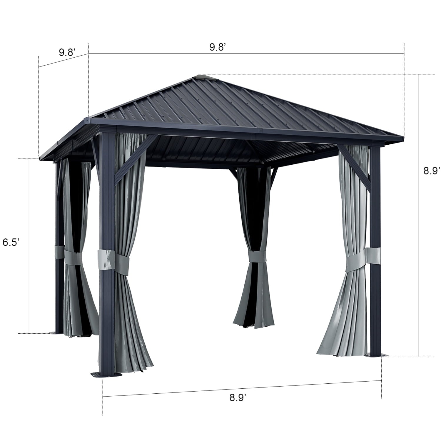 10x10 Outdoor Hardtop Gazebo, Aluminum Frame Permanent Pergola w/ Netting & Curtains for Garden Patio Lawns, Gray