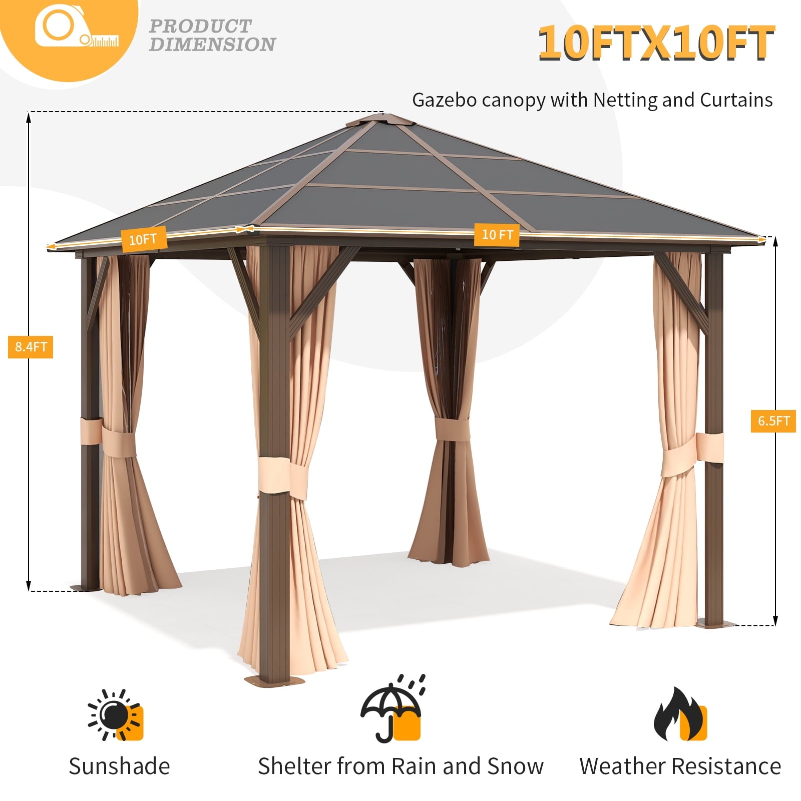 10x10 ft. Hardtop Gazebo, Aluminum Frame and Polycarbonate Permanent Pavilion for Garden, Patio, Backyards, Brown