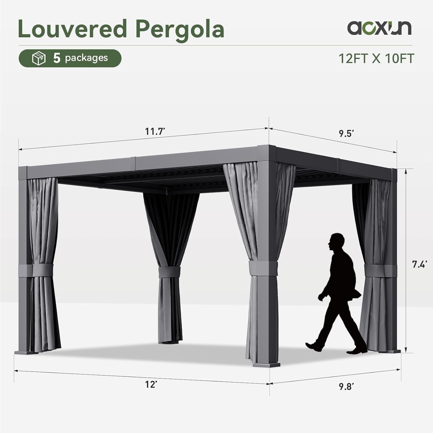 10' x 12' Louvered Pergola, Outdoor Aluminum Pergola with Adjustable Top for Decks, Gardens and Backyards, Gray