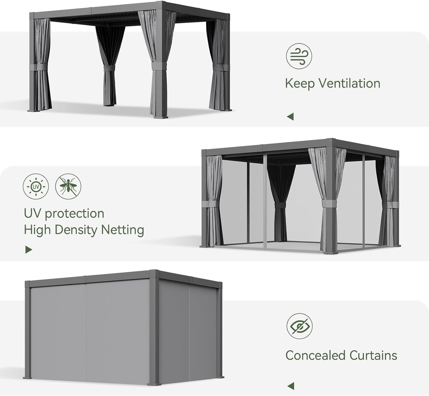 10' x 12' Louvered Pergola, Outdoor Aluminum Pergola with Adjustable Top for Decks, Gardens and Backyards, Gray