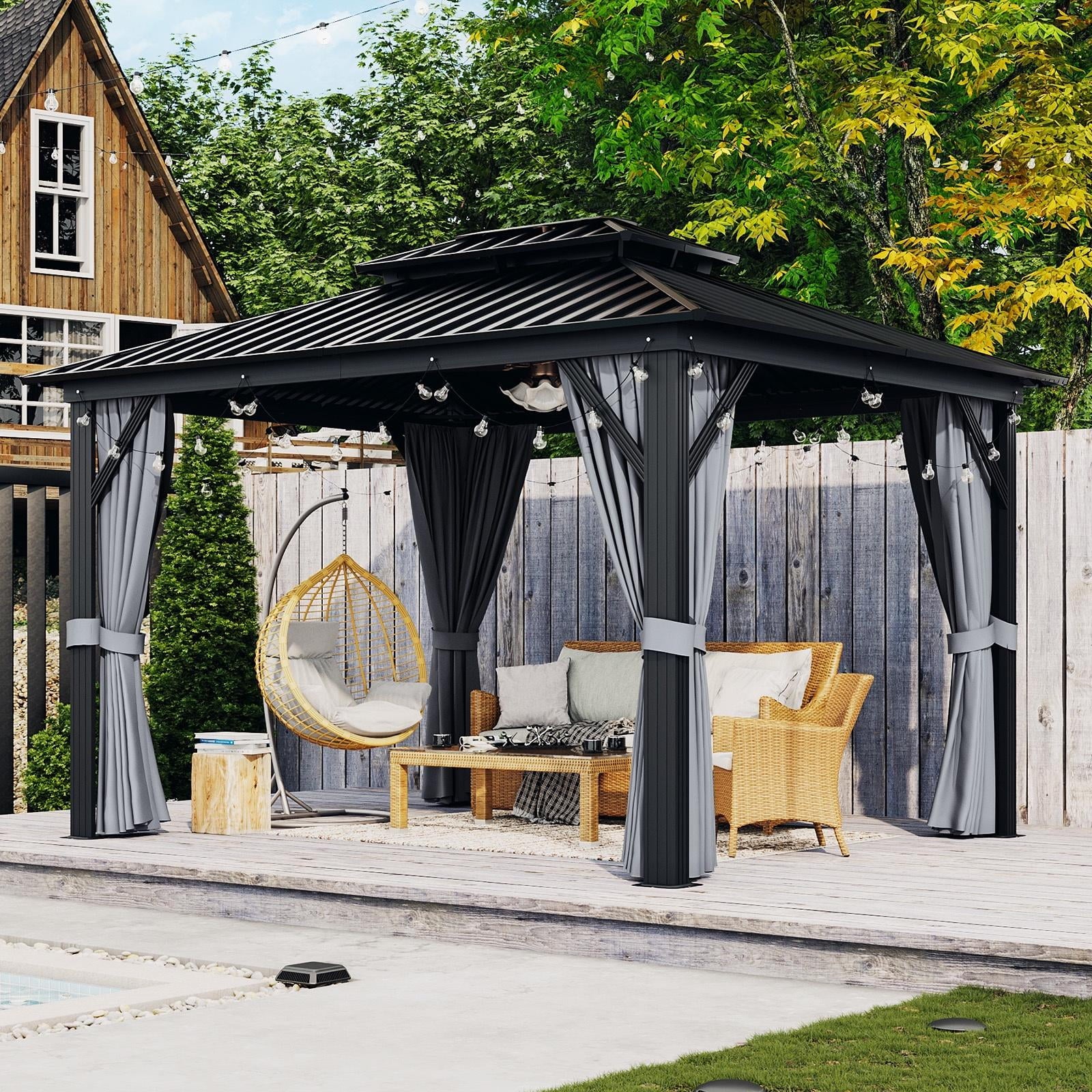 10 ft. x 12 ft. Hardtop Gazebo, Aluminum Frame Canopy with Double Galvanized Steel Roof Patio Gazebo, Outdoor Metal Pavilion with Netting, Curtains for Backyard, Patio and Deck