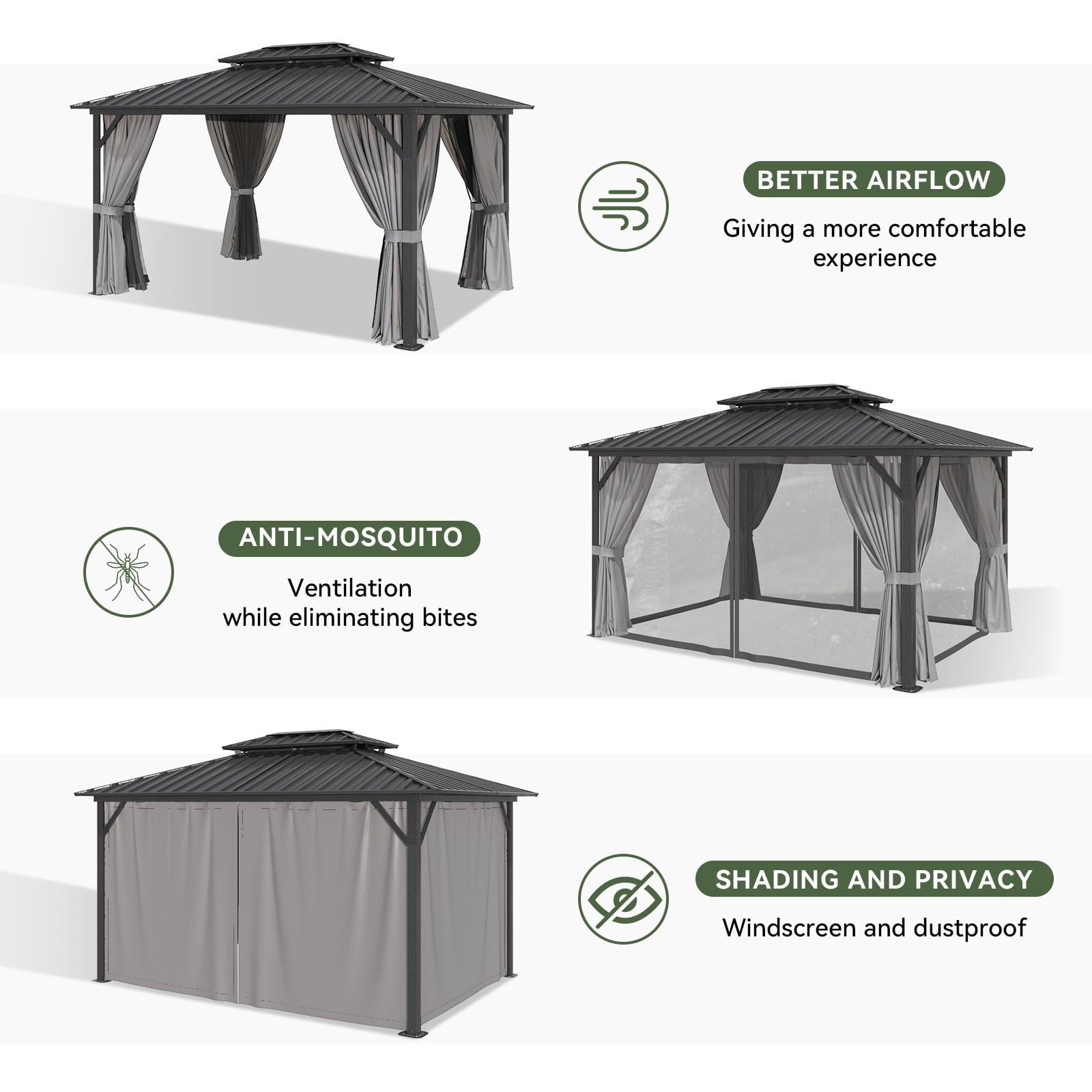 10 ft. x 12 ft. Hardtop Gazebo, Aluminum Frame Canopy with Double Galvanized Steel Roof Patio Gazebo, Outdoor Metal Pavilion with Netting, Curtains for Backyard, Patio and Deck