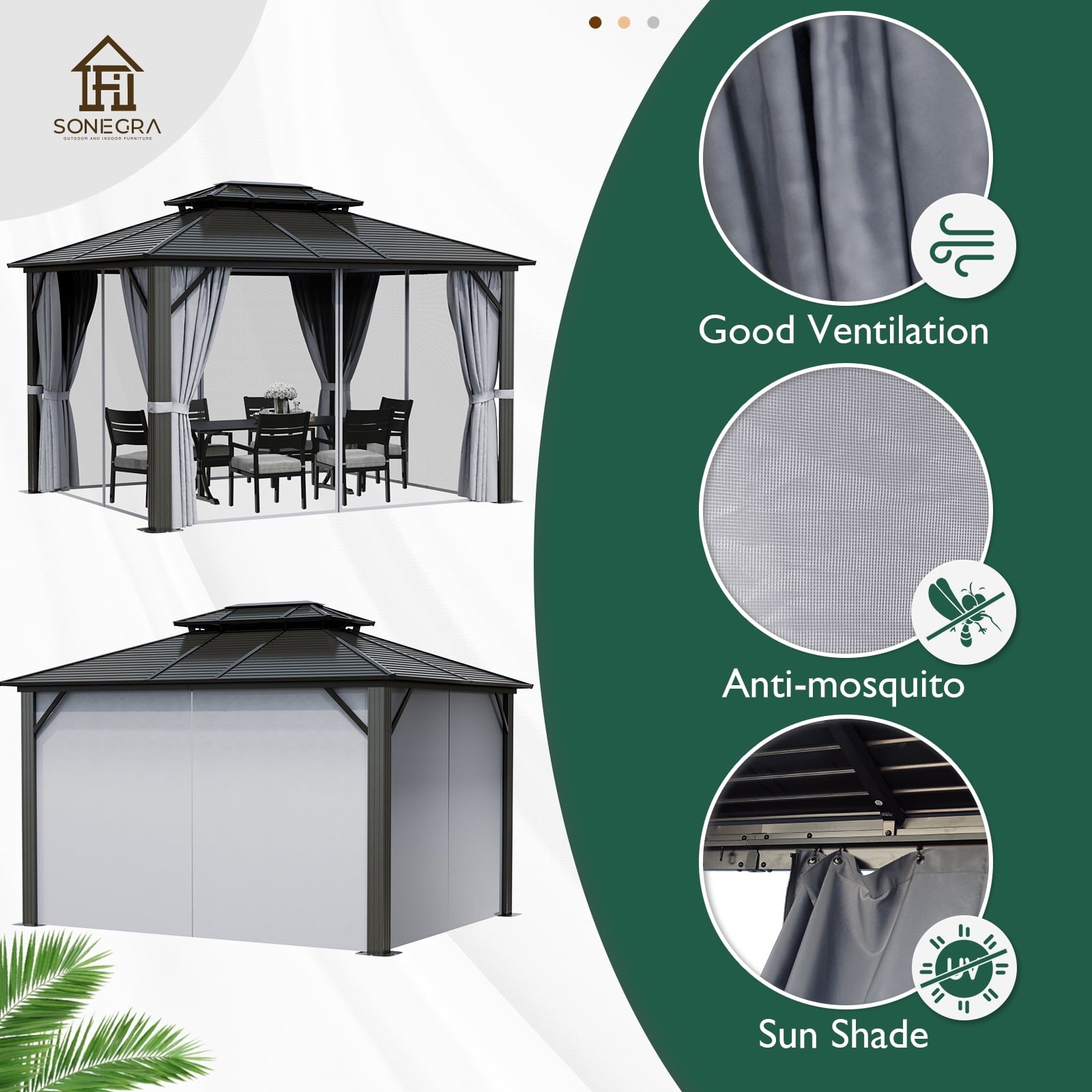 Patio 10x12 ft. Hardtop Gazebo, Double Roof Aluminum Frame with Netting and Curtains, Gray