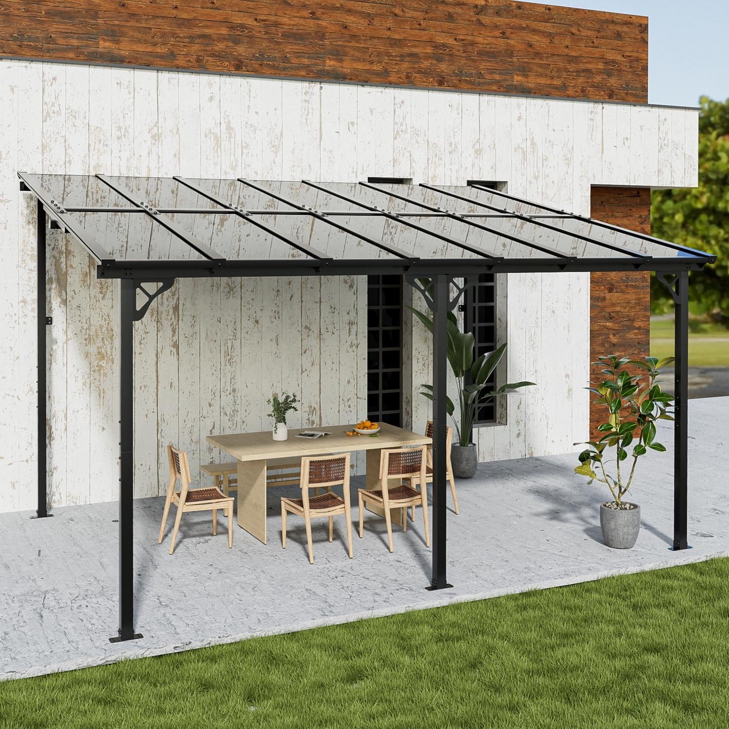 10'x14' Hardtop Gazebo, Outdoor Wall-Mounted Aluminum Pergola with Sun Panels for Garden, Patio, Backyard, Gray