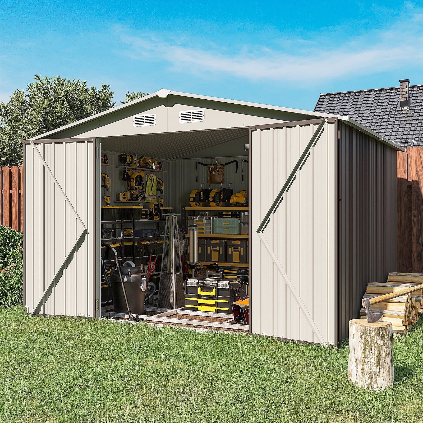 10’x 8’ Outdoor Storage Shed with Base Frame, Metal Garden Tool Shed with Lockable Door, Galvanized Steel Shed for Backyard, Lawn and Patio, Gray