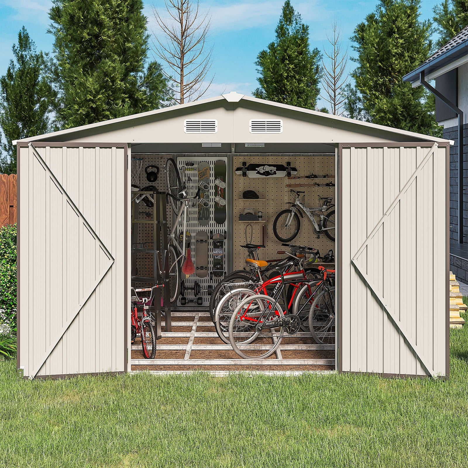 10’x 8’ Outdoor Storage Shed with Base Frame, Metal Garden Tool Shed with Lockable Door, Galvanized Steel Shed for Backyard, Lawn and Patio, Gray