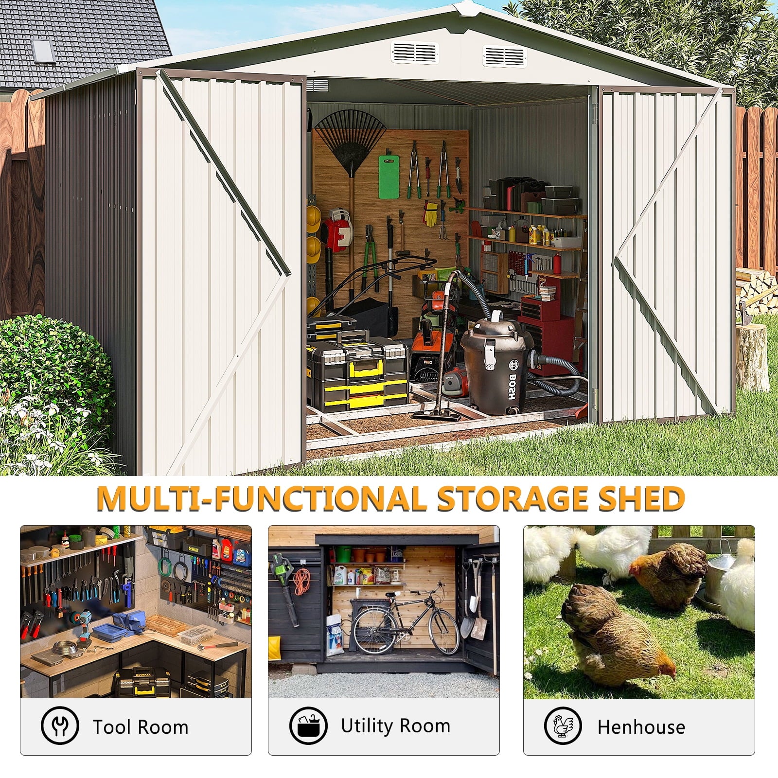 10’x 8’ Outdoor Storage Shed with Base Frame, Metal Garden Tool Shed with Lockable Door, Galvanized Steel Shed for Backyard, Lawn and Patio, Gray