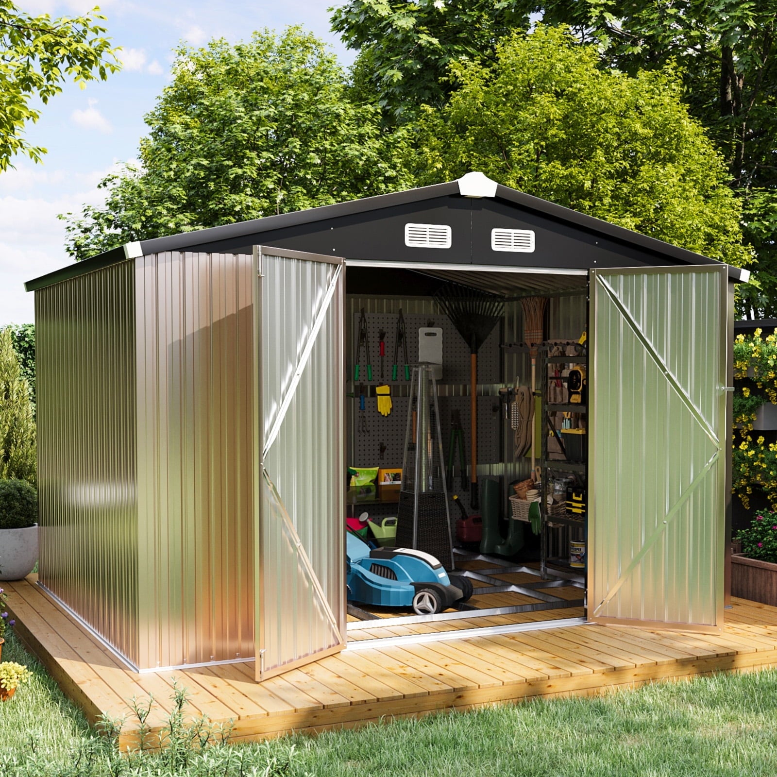 9.7' x 7.6' Outdoor Storage Shed with Base Frame, Metal Garden Shed with Lockable Door for Patio, Backyard(Floor not included)