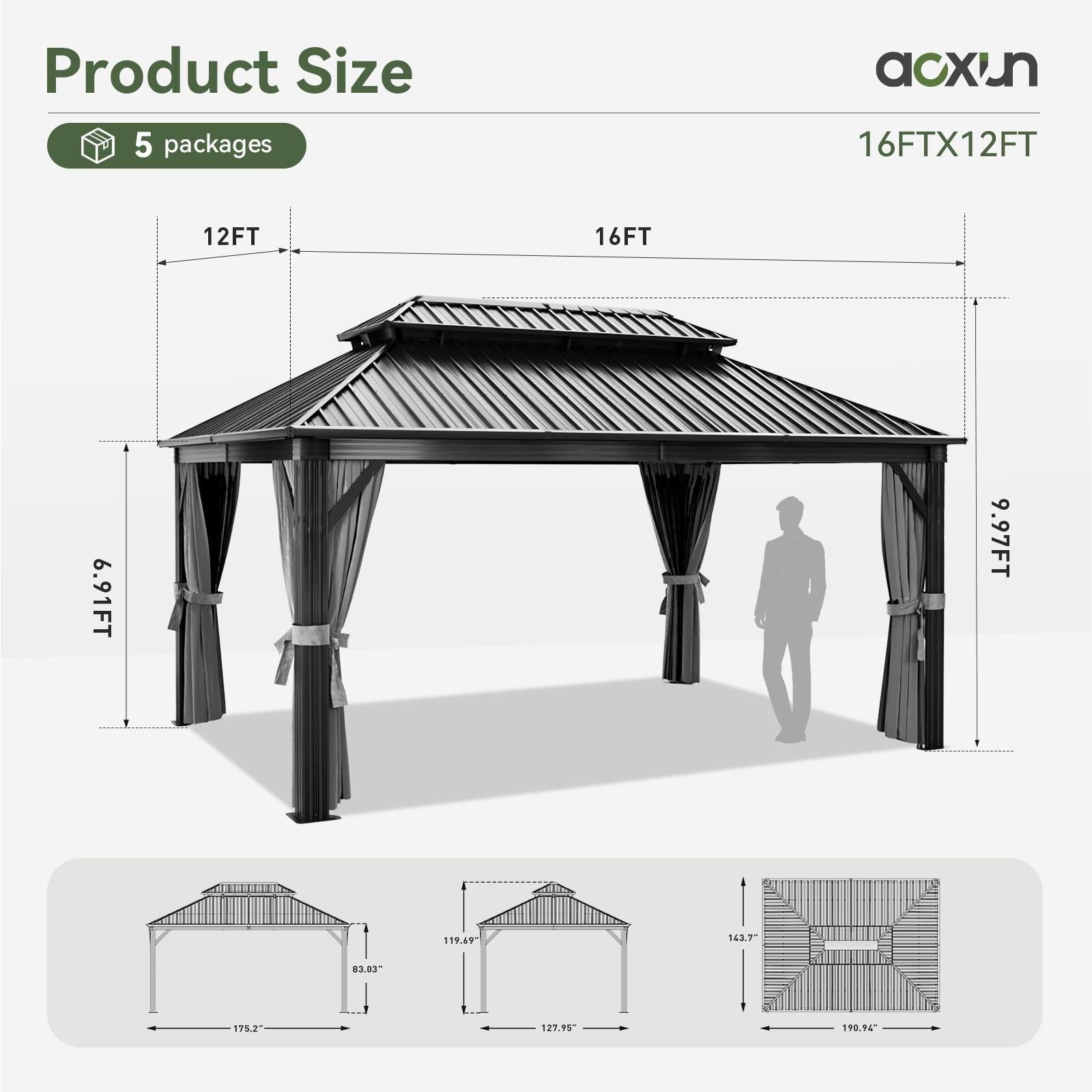 12 ft. x 16 ft. Outdoor Hardtop Gazebo, Galvanized Double Roof Aluminum Pavilion with Netting and Curtains for Garden, Patio, Lawns, Gray