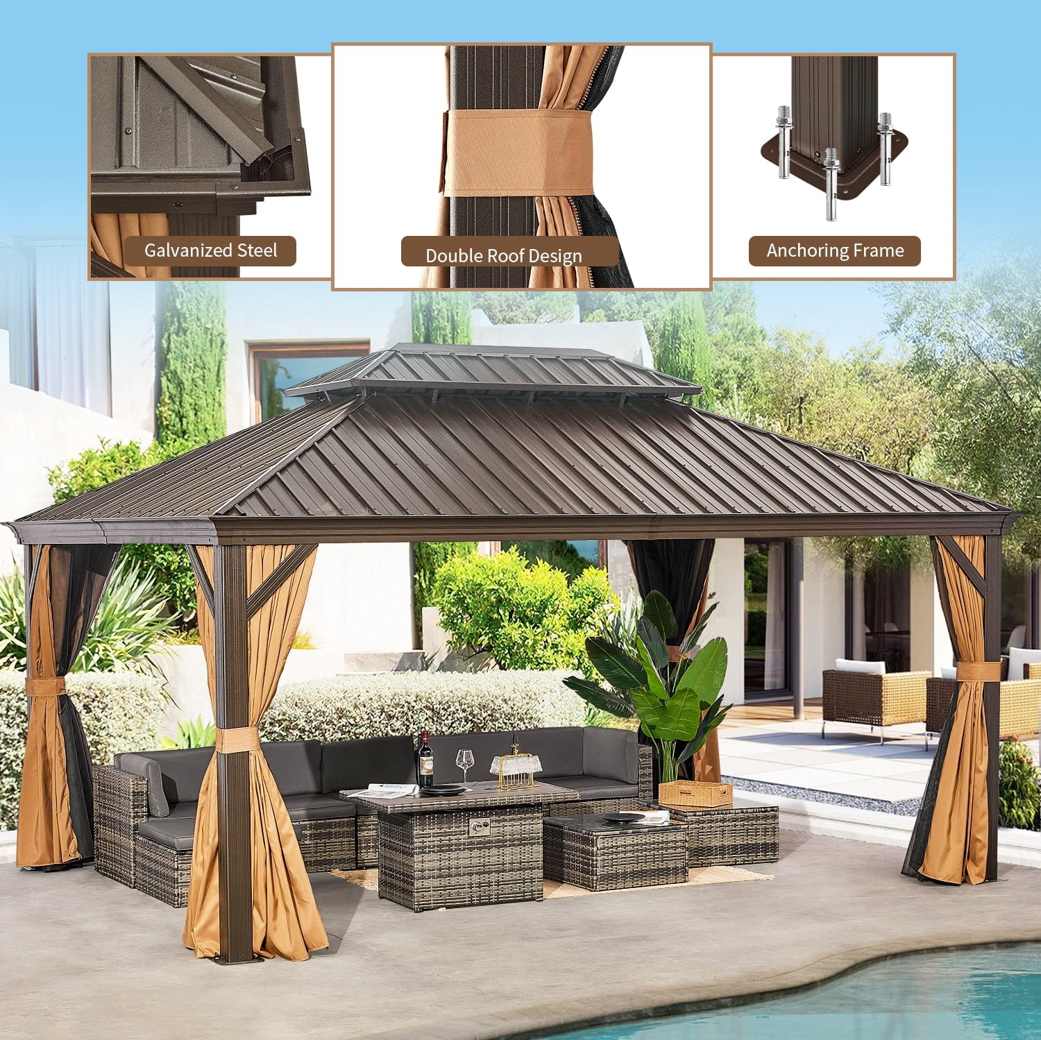 12x16 ft. Outdoor Hardtop Gazebo, Double Roof and Aluminum Fram, for Patios