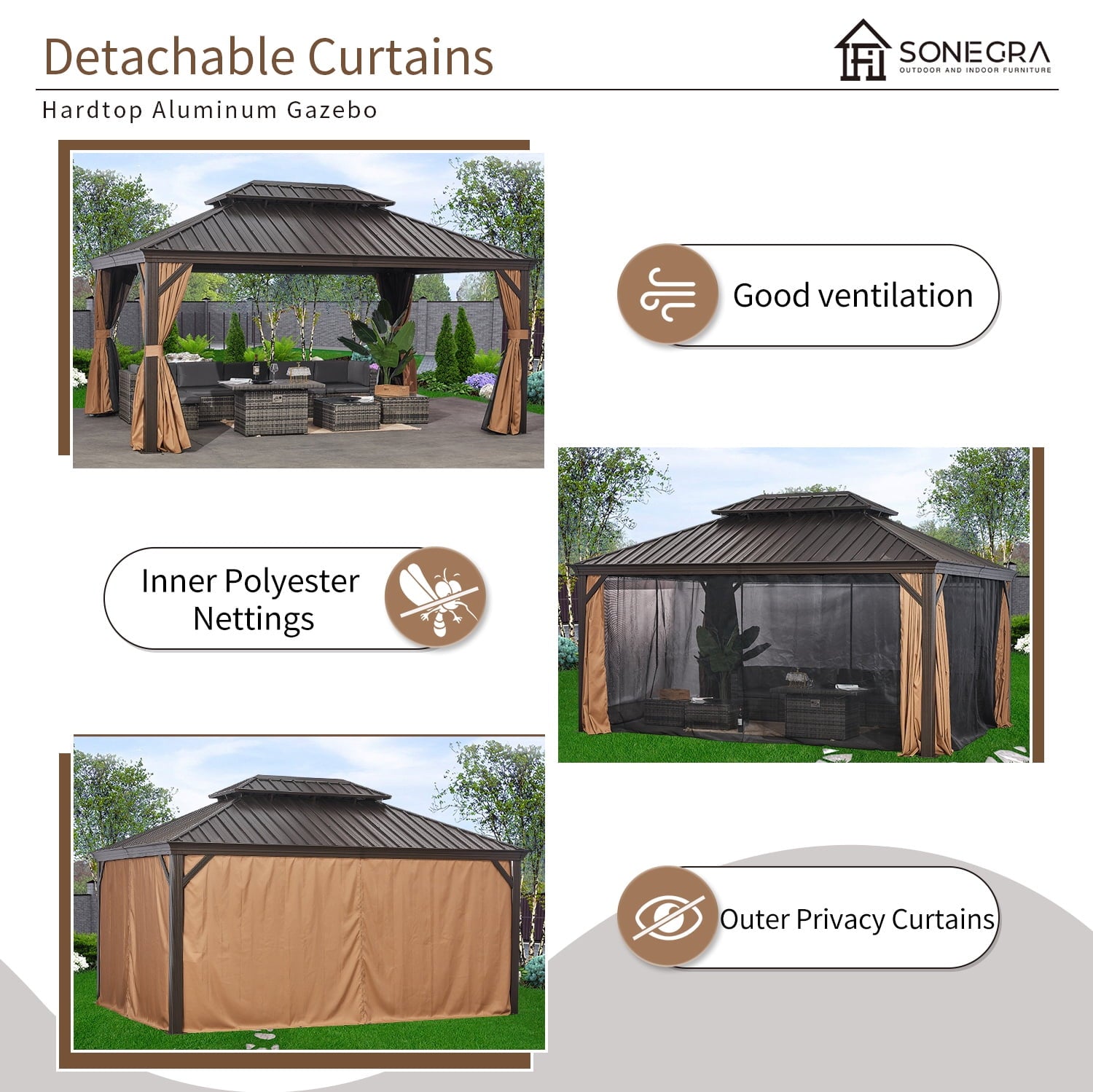 12x16 ft. Outdoor Hardtop Gazebo, Double Roof and Aluminum Fram, for Patios