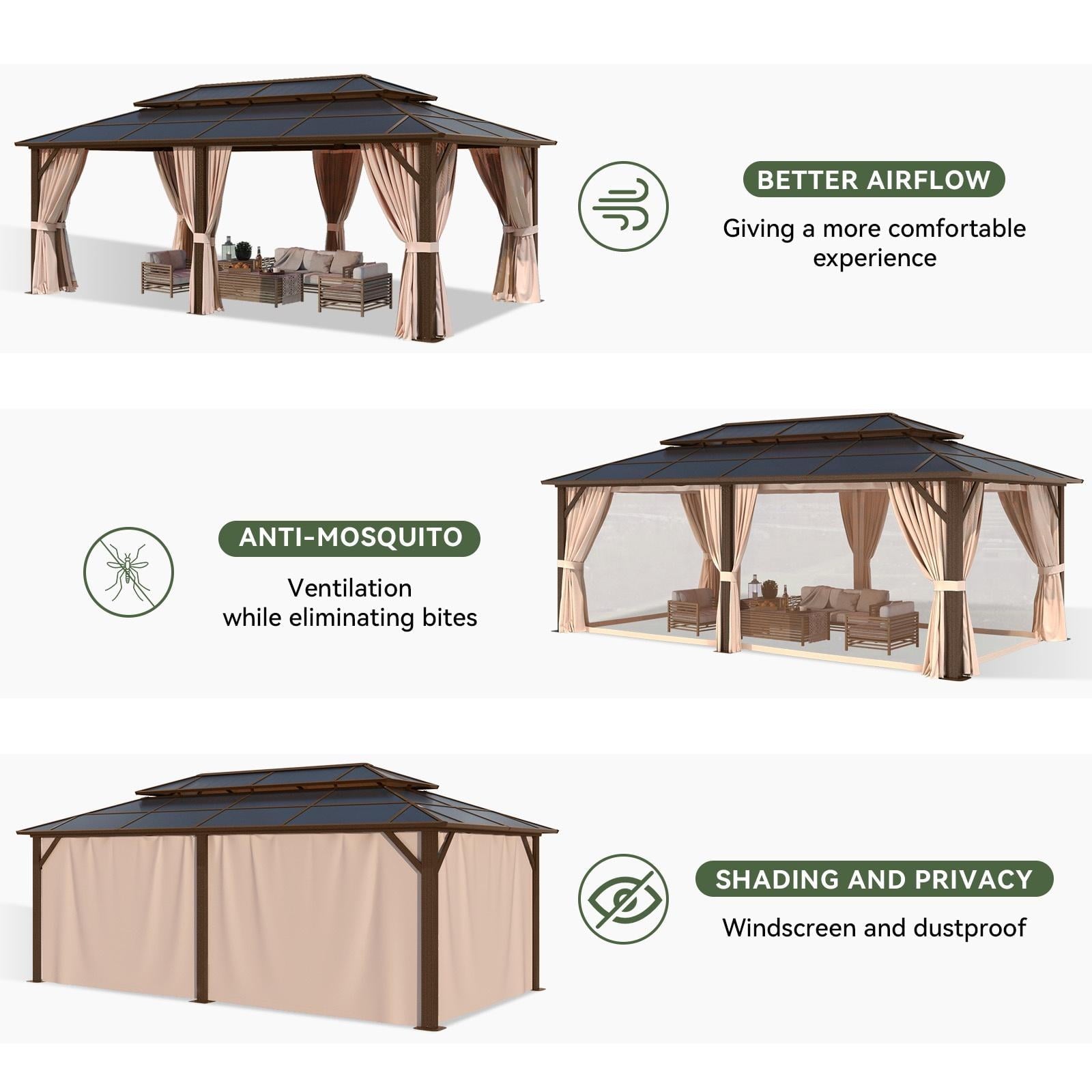 12 ft. x 20 ft. Hardtop Gazebo, Aluminum Frame Permanent Pavilion with Curtains and Netting, Outdoor Polycarbonate Double Roof Canopy, Designed for Garden, Lawns, Patio