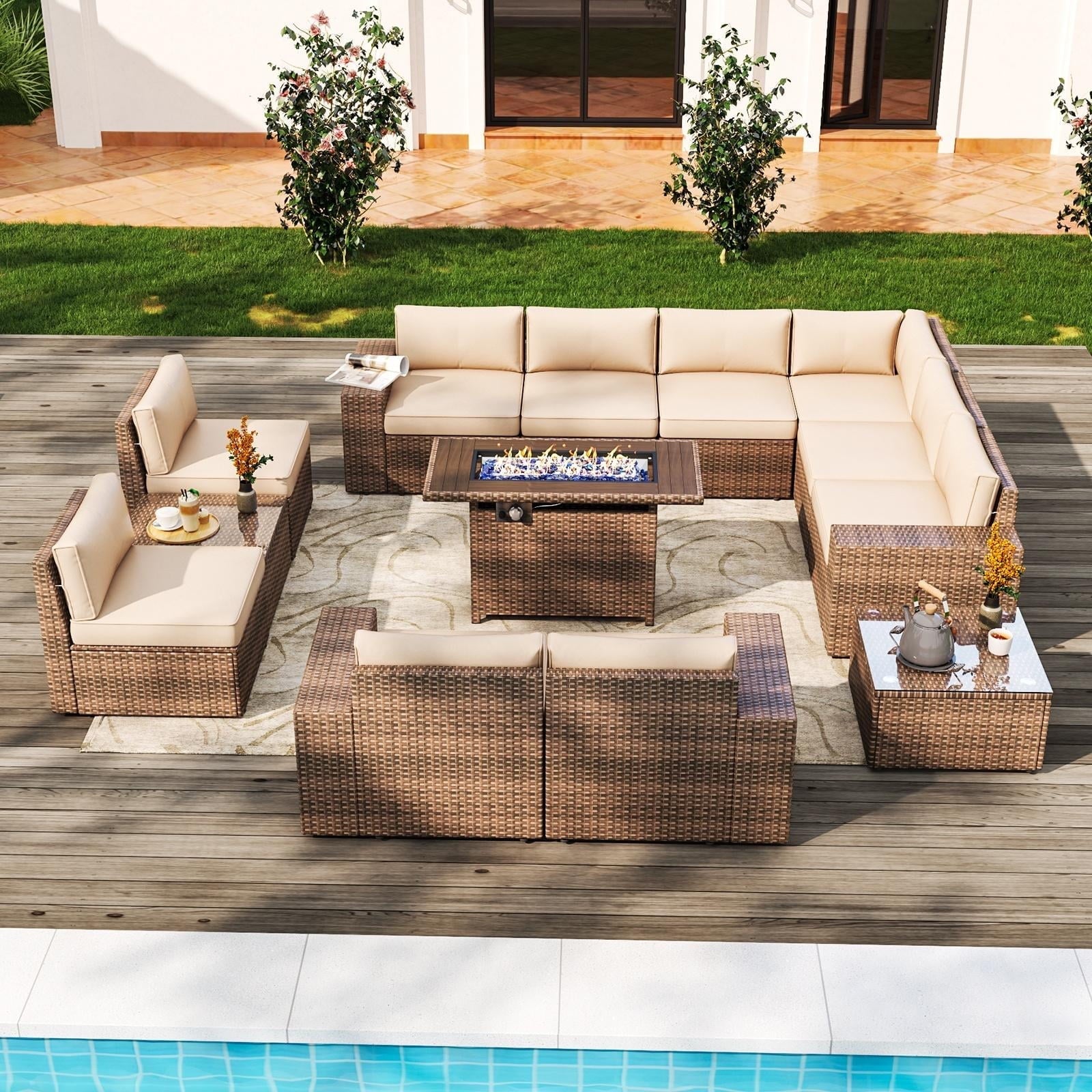 13pcs Patio Furniture Set with Fire Pit Table, PE Rattan Wicker sectional Sofa Set with 2 Coffee Table, Beige