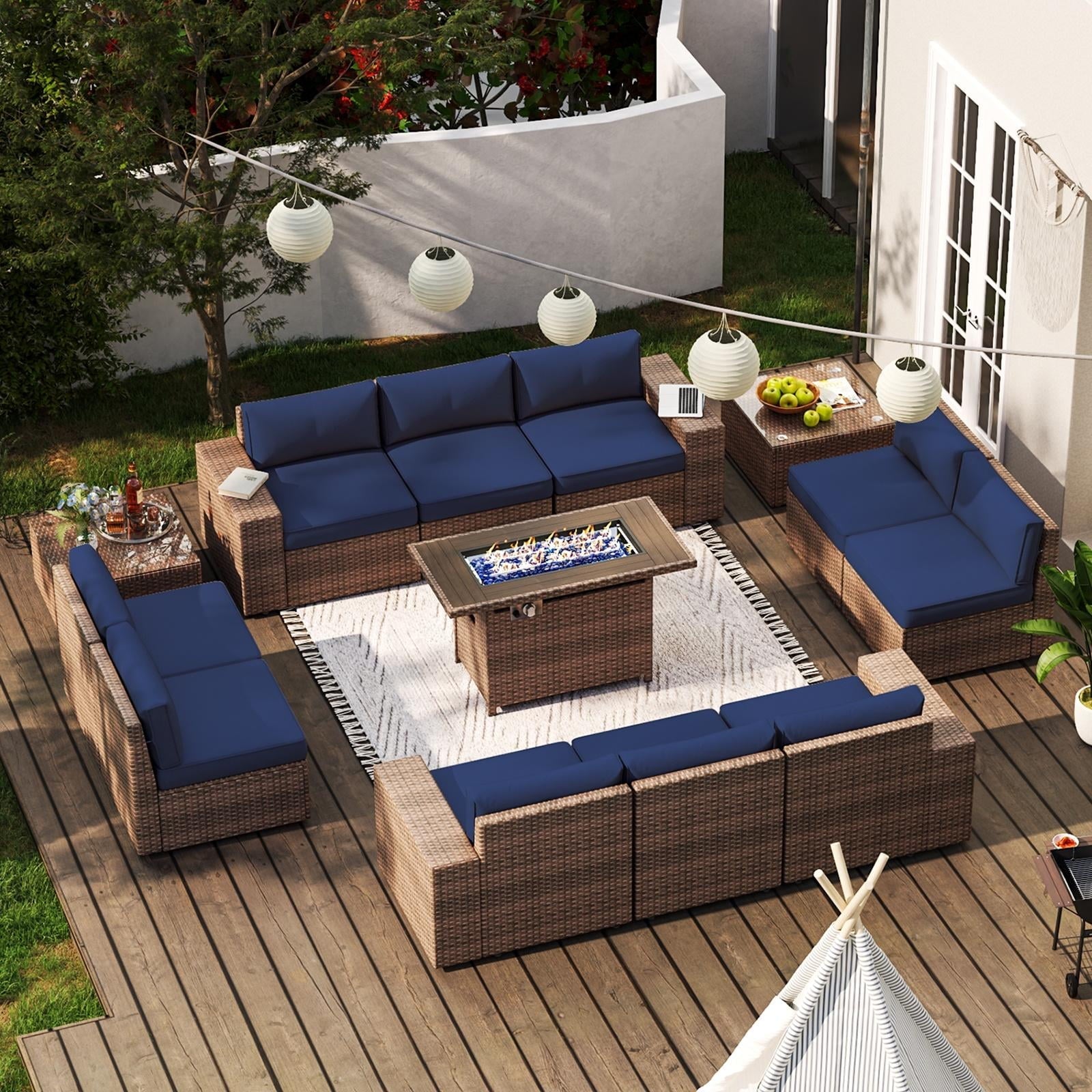 13pcs Patio Furniture Set with Fire Pit Table, PE Rattan Wicker sectional Sofa Set with 2 Coffee Table, Blue