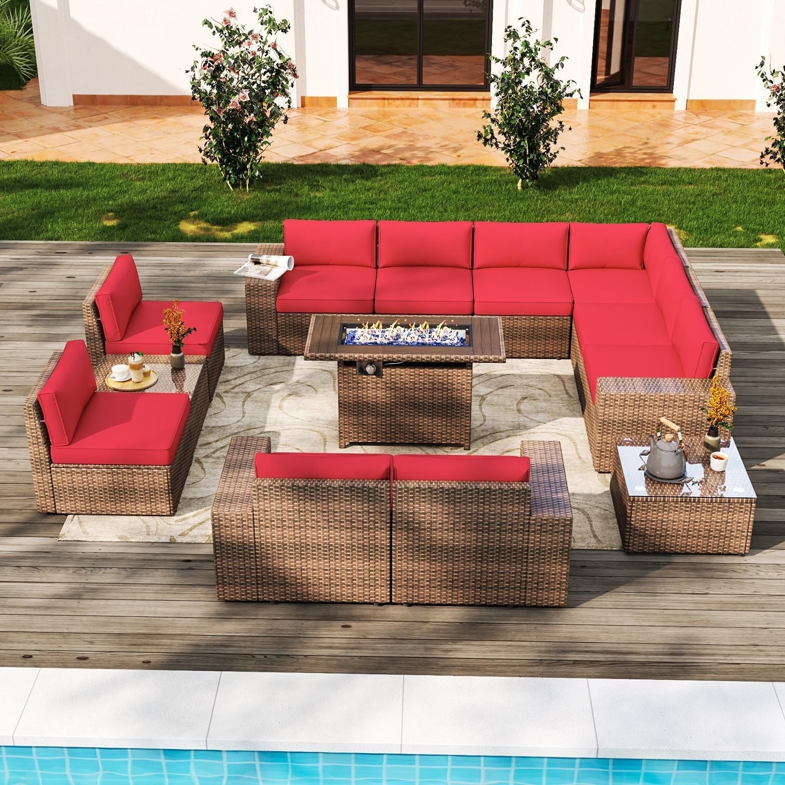 13pcs Patio Furniture Set with Fire Pit Table, PE Rattan Wicker sectional Sofa Set with 2 Coffee Table, Red