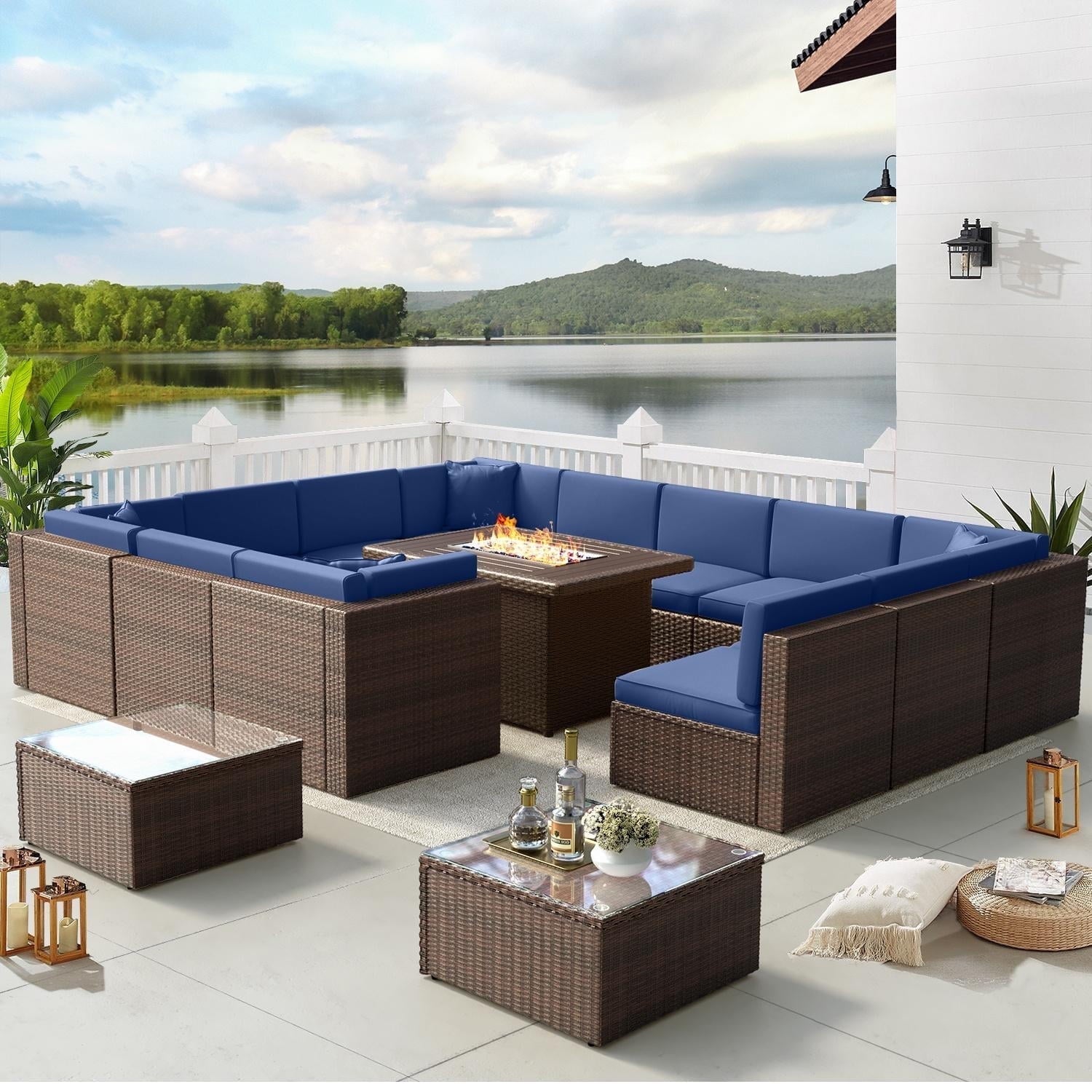 15-Piece Patio Furniture Set with Propane Fire Pit Table Wicker Outdoor Conversation Set, Blue