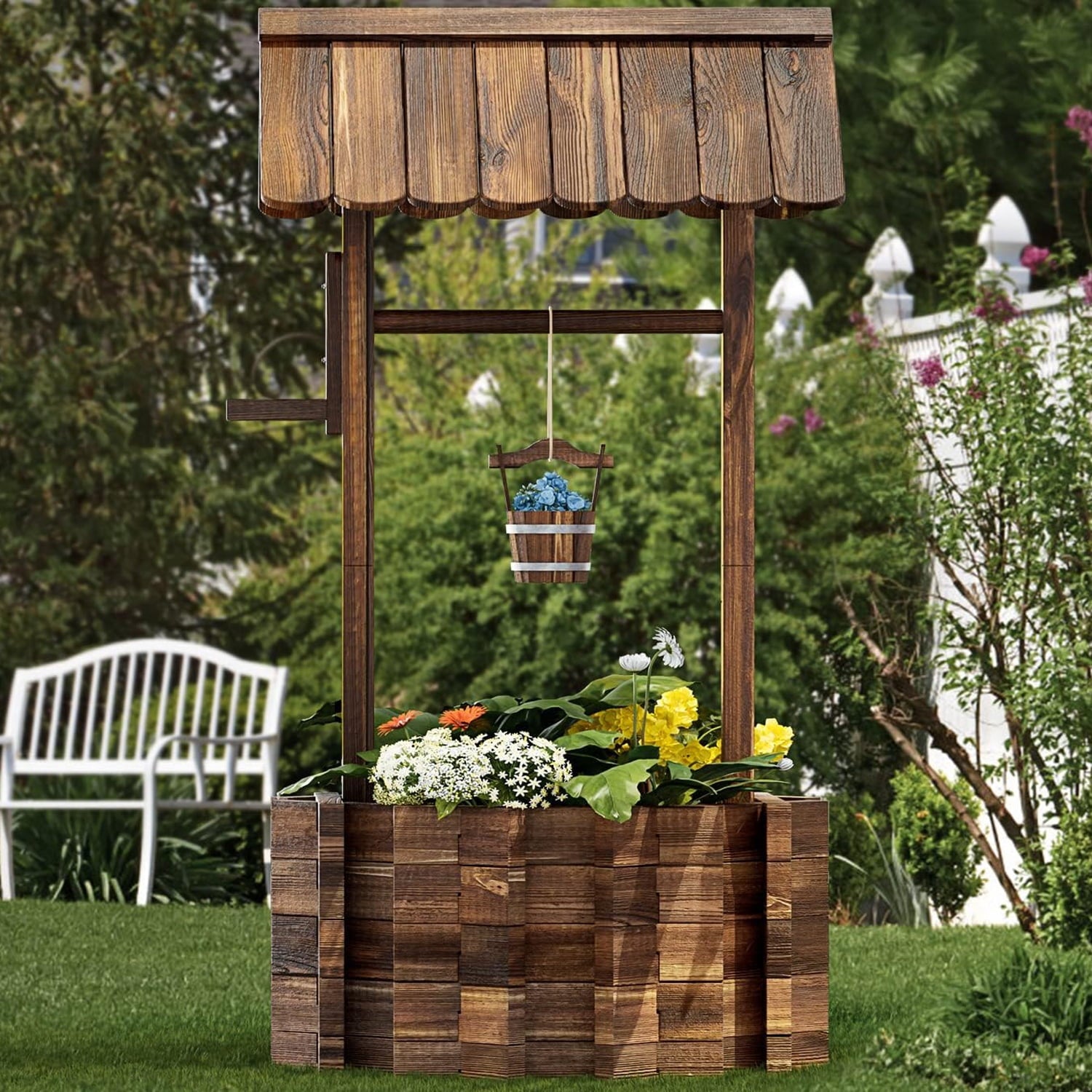 Wood Wishing Well Planter with Hanging Bucket for Flower and Plants, Brown