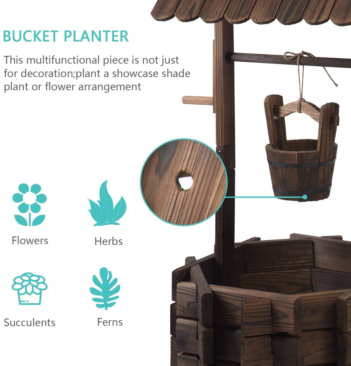 Wood Wishing Well Planter with Hanging Bucket for Flower and Plants, Brown