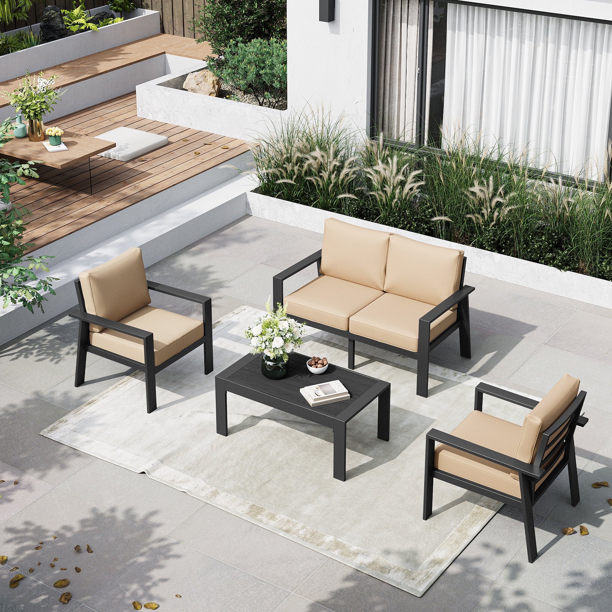 Outdoor Aluminum Furniture Set, 4 Pcs Patio Sectional Conversation Chat Sofa Modern Seating Set with Coffee Table