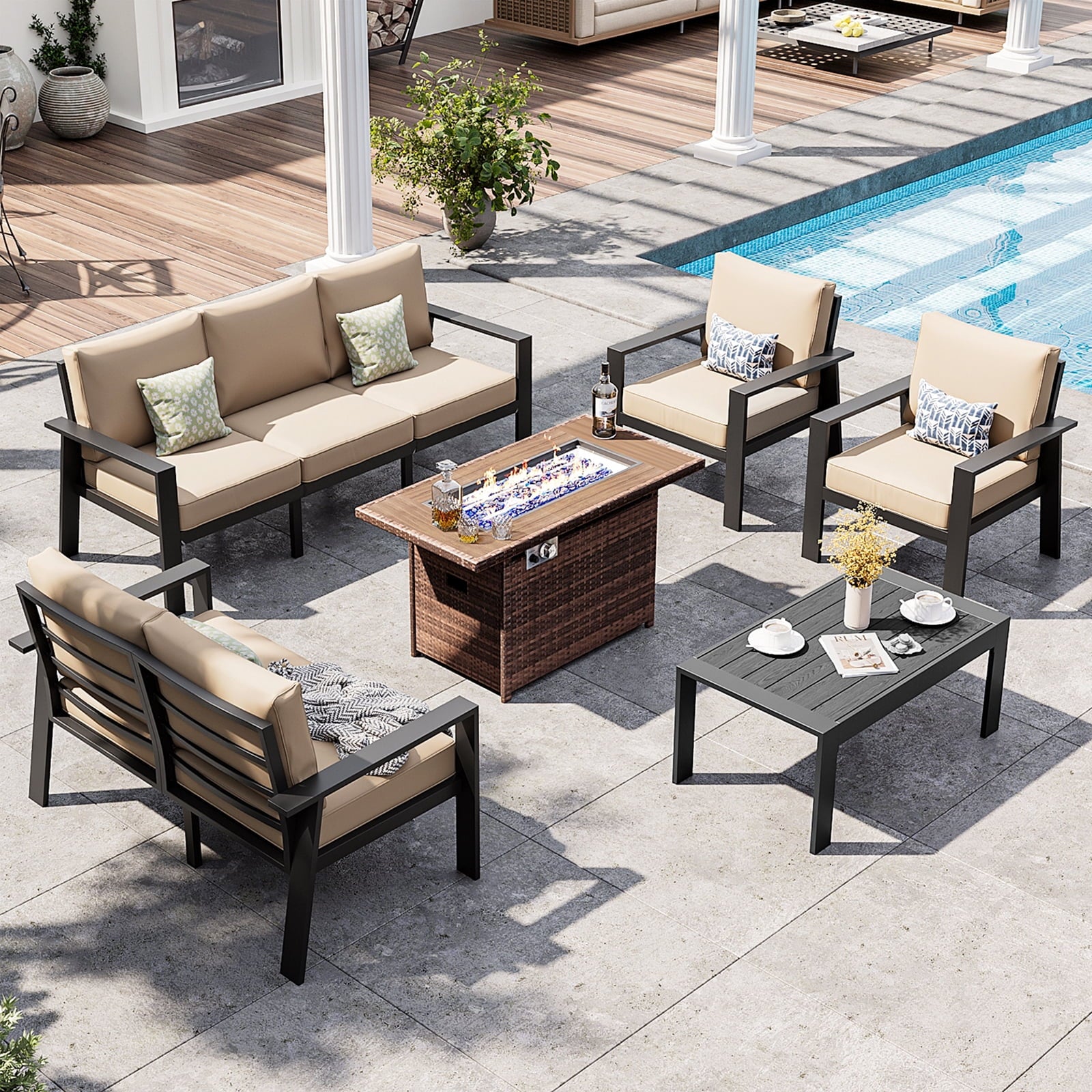 5 Pcs Aluminum Patio Furniture Set,Patio Sectional Conversation Chat Sofa Modern Seating Set with Coffee Table - Beige(Include Waterproof Cover)