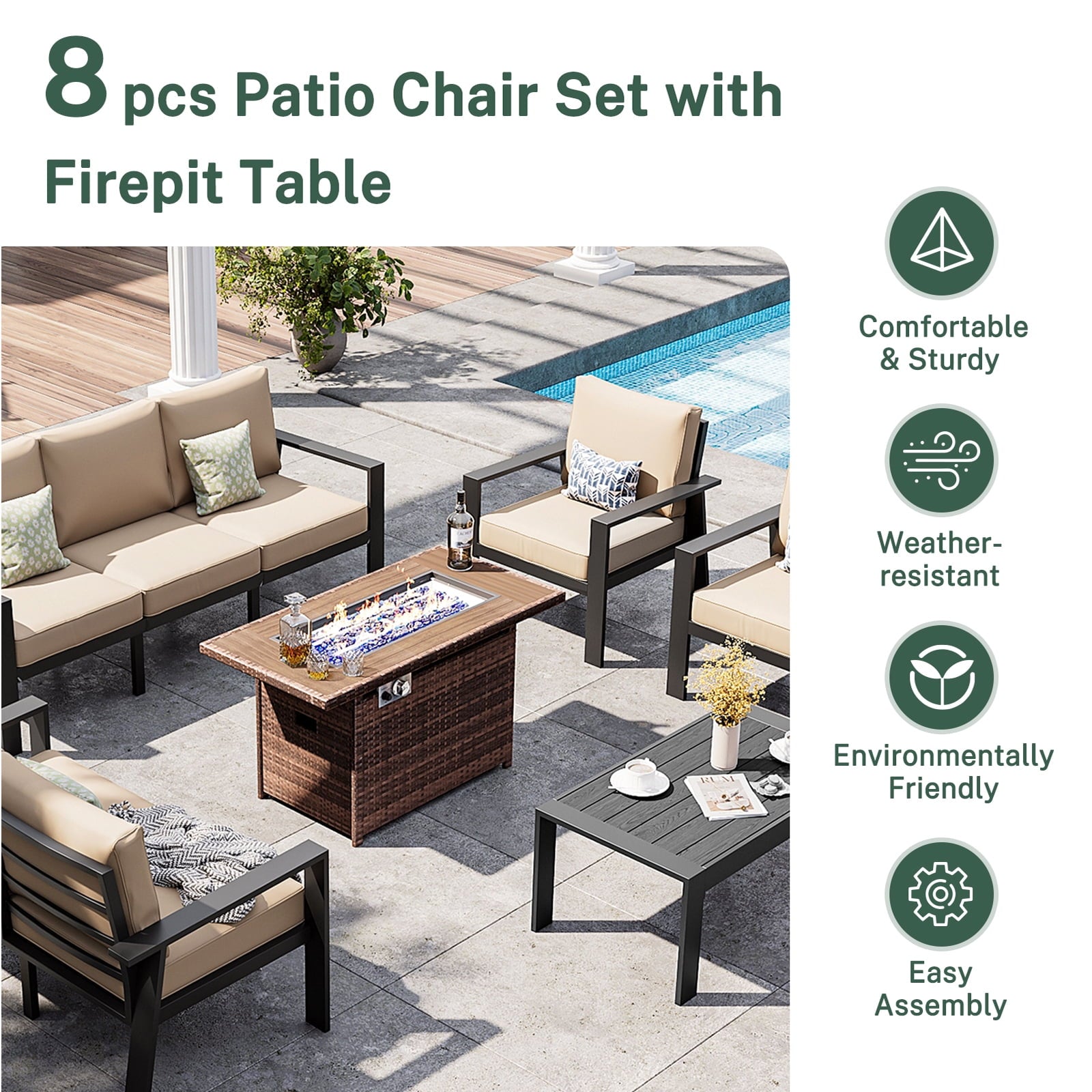 5 Pcs Aluminum Patio Furniture Set,Patio Sectional Conversation Chat Sofa Modern Seating Set with Coffee Table - Beige(Include Waterproof Cover)