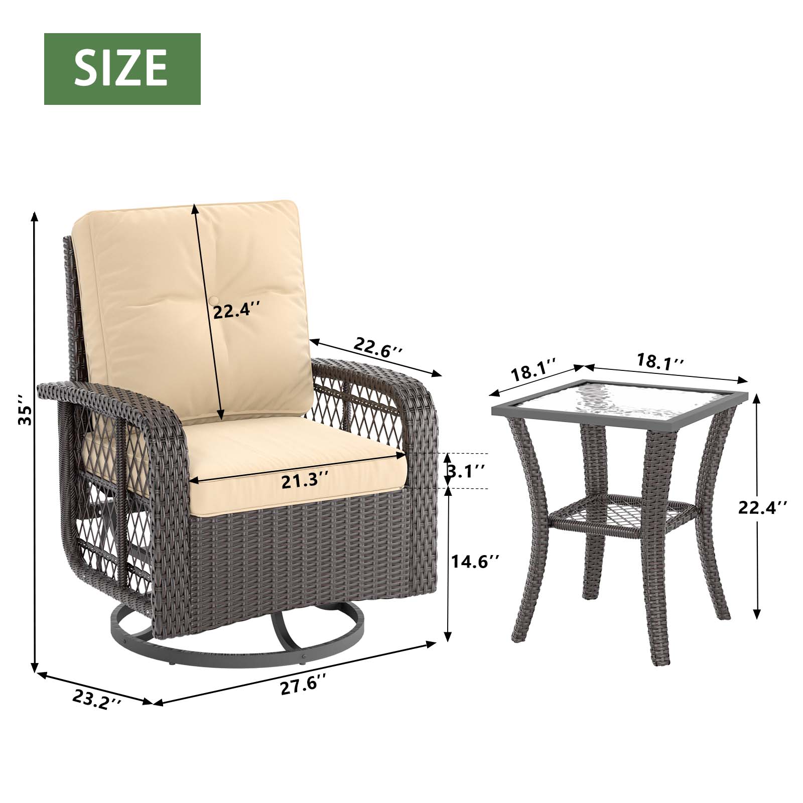 3 Pcs Outdoor Wicker Swivel Rocker Patio Set,360 Degree Swivel Rocking Chairs Elegant Wicker Patio Bistro Set with Premium Cushions and Armored Glass Top Side Table for Backyard -Brown