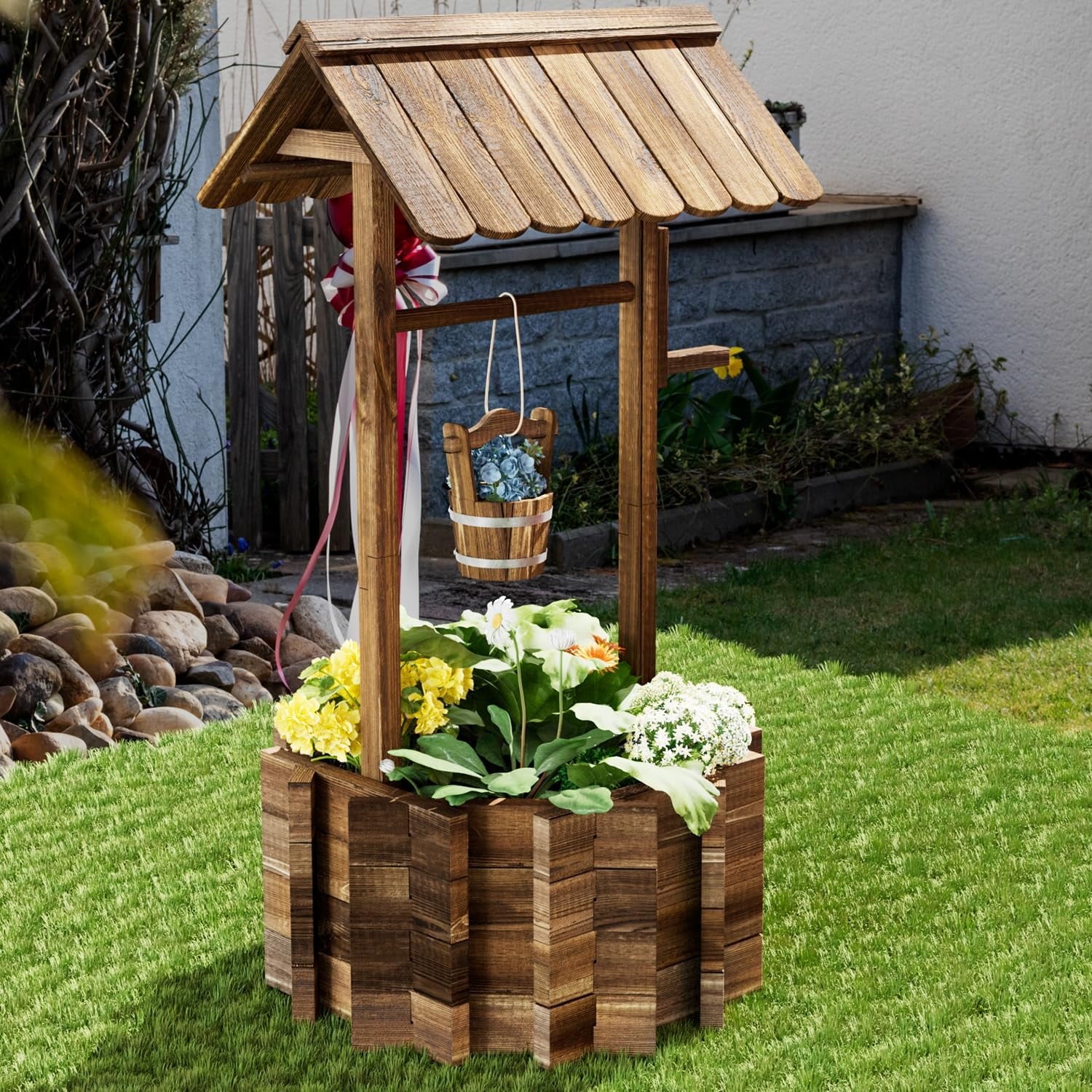 Big Wishing Well Planter with Hanging Bucket for Flower and Plants, Brown