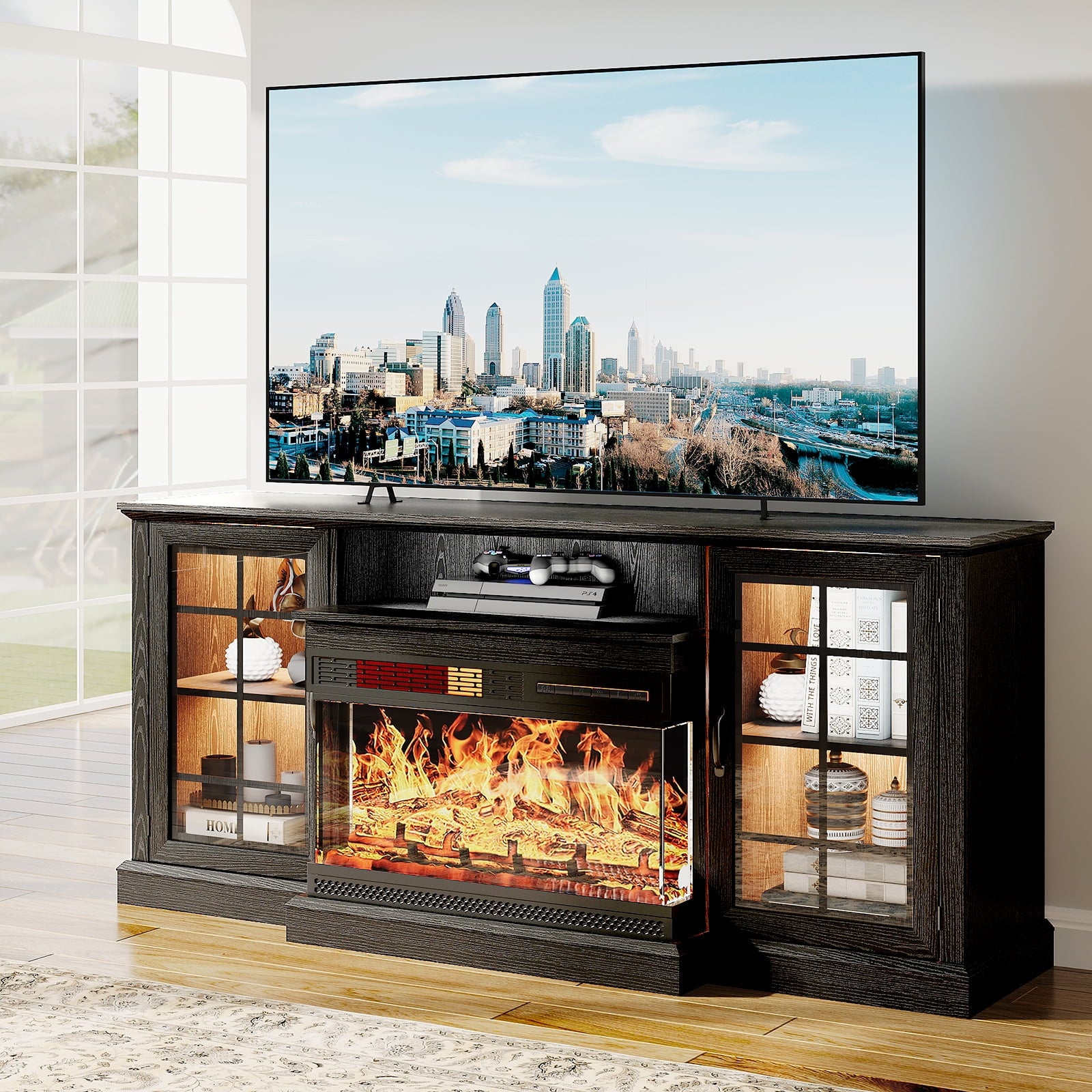 59'' Fireplace TV Stand for TVs up to 65", 12 Flame Colors&12 LED Light Colors, TV Console with 3-Sided Glass Fireplace, for Living Room, Black