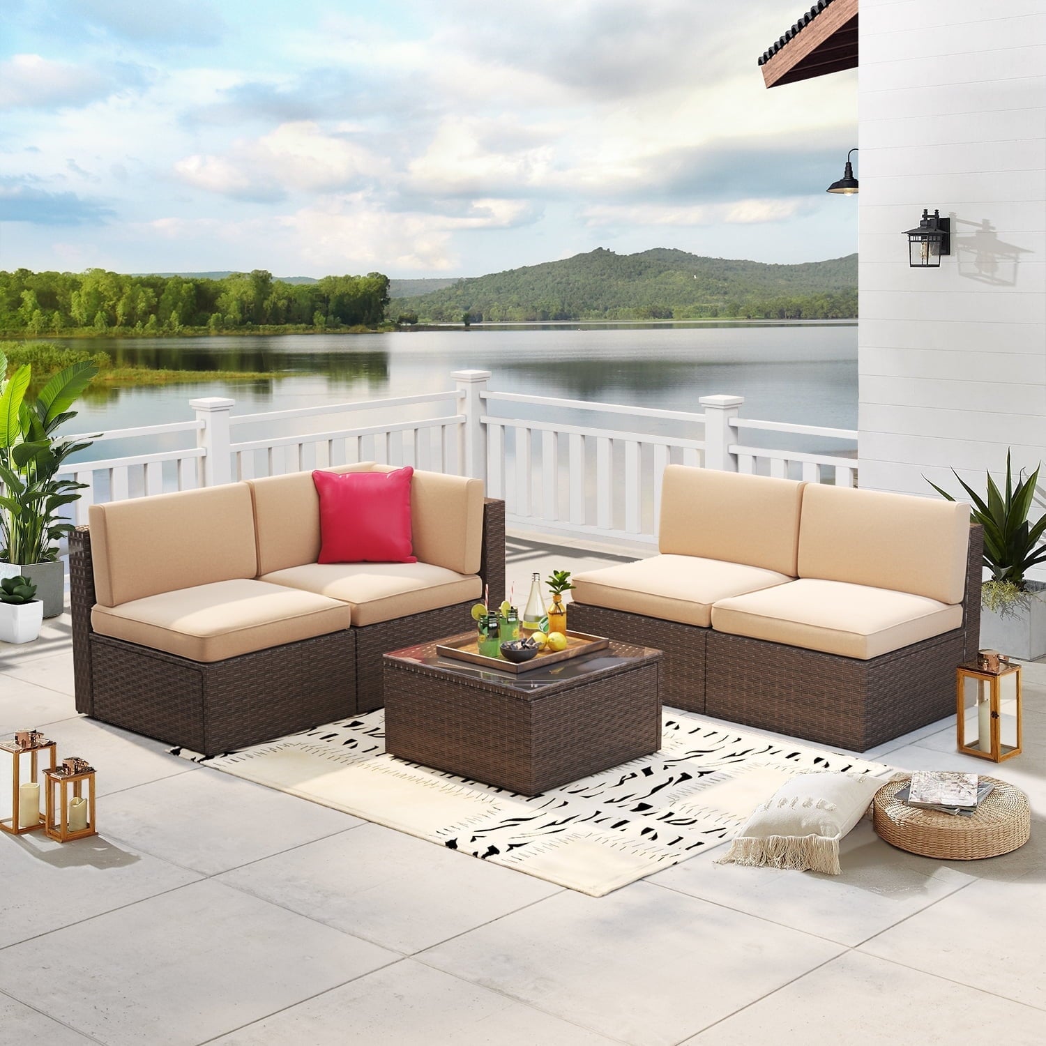 5 Piece Outdoor Patio Conversation Set Outdoor Furniture Sectional Wicker Sofa Set with Beige Cushions