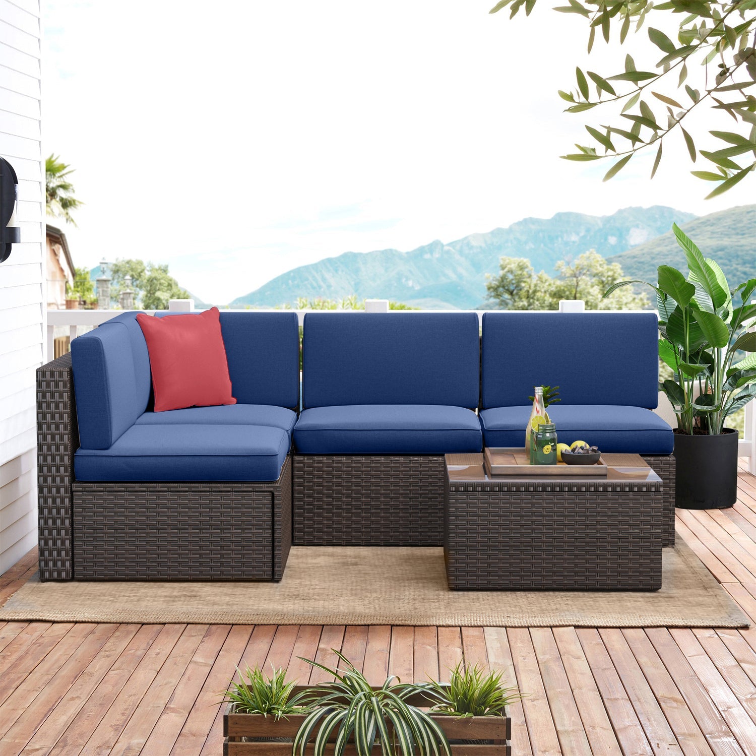 5-Piece Rattan Patio Conversation Set, Outdoor Patio Furniture Sets, Patio Furniture Sets with Coffe Table, Blue Cushions, for Garden, Backyard, Poolside