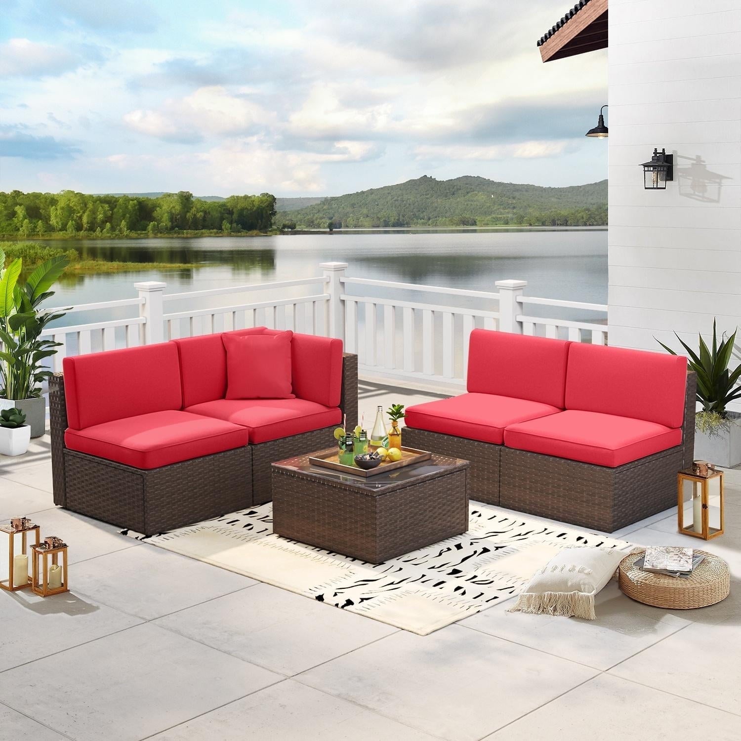 5-Piece Rattan Patio Conversation Set, Outdoor Patio Furniture Sets, Patio Furniture Sets with Coffe Table, Red Cushions, for Garden, Backyard, Poolside