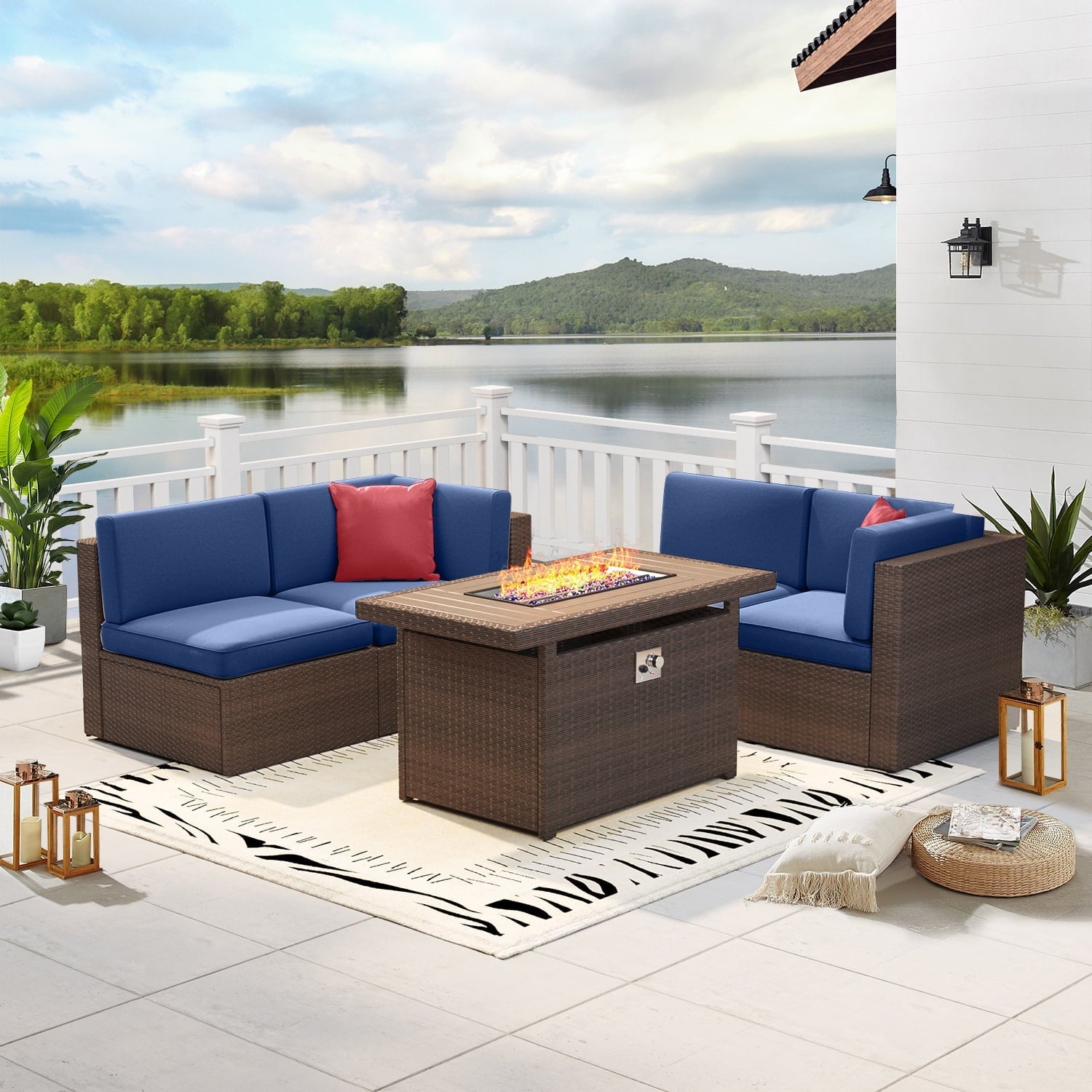 5 Piece Patio Furniture Set, Outdoor Patio Furniture Sets with Fire Pit, Wicker Patio Furniture, Outdoor Conversation Set with Blue Cushions