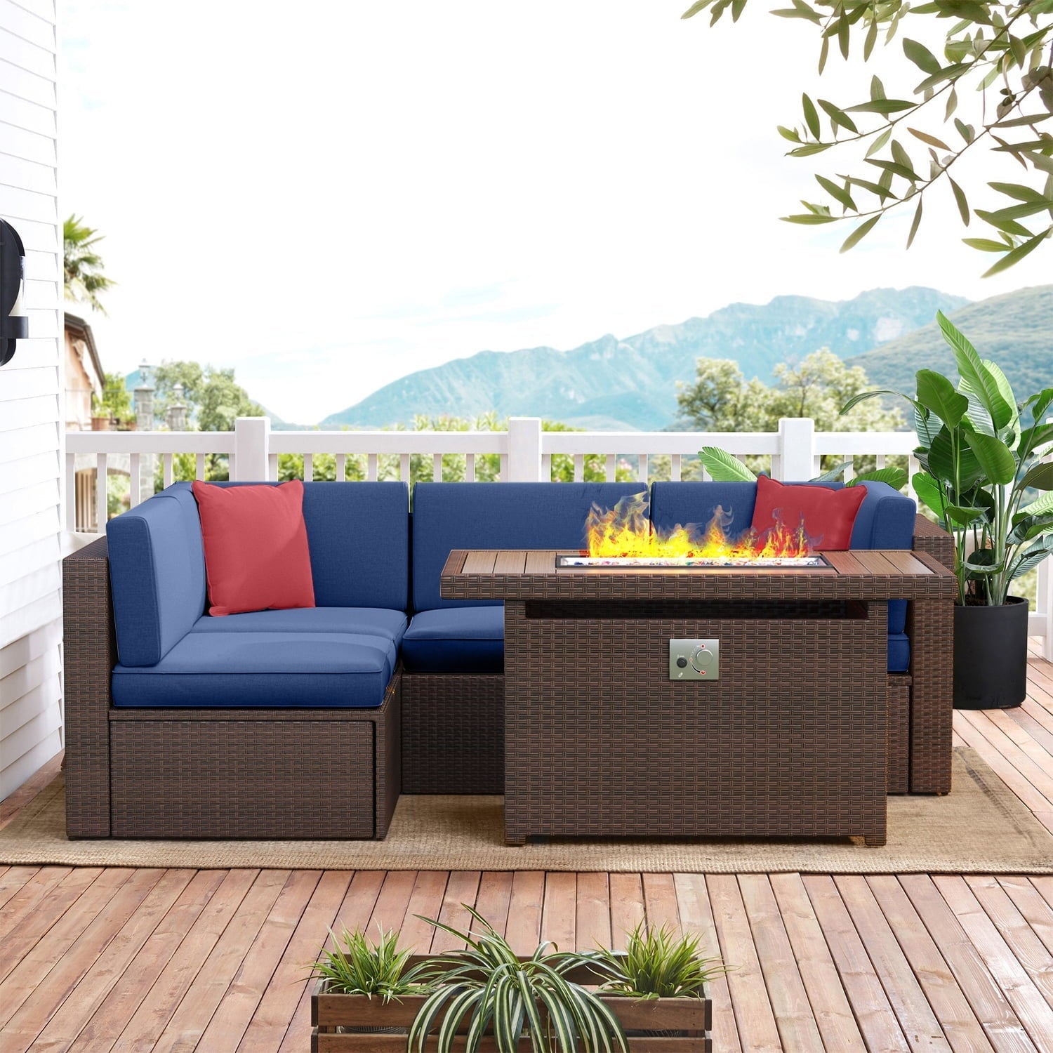 5 Piece Patio Furniture Set, Outdoor Patio Furniture Sets with Fire Pit, Wicker Patio Furniture, Outdoor Conversation Set with Blue Cushions