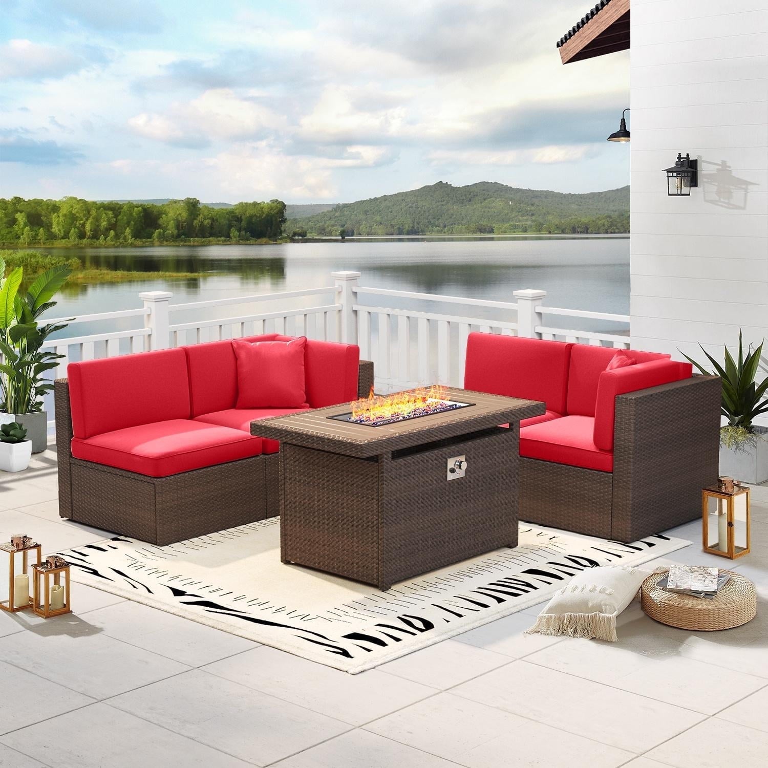 5 Piece Patio Furniture Set, Outdoor Patio Furniture Sets with Fire Pit, Wicker Patio Furniture, Outdoor Conversation Set with Red Cushions