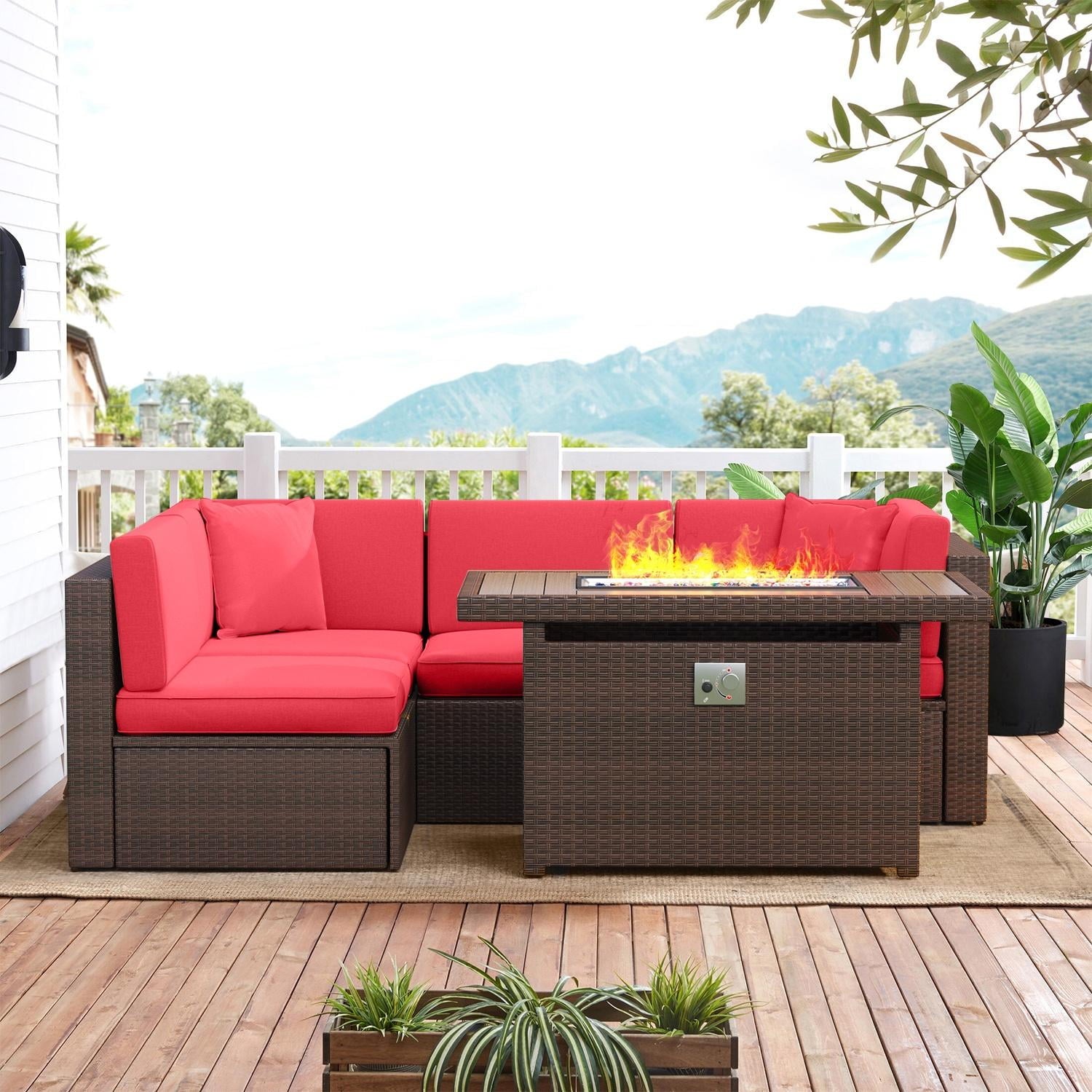 5 Piece Patio Furniture Set, Outdoor Patio Furniture Sets with Fire Pit, Wicker Patio Furniture, Outdoor Conversation Set with Red Cushions