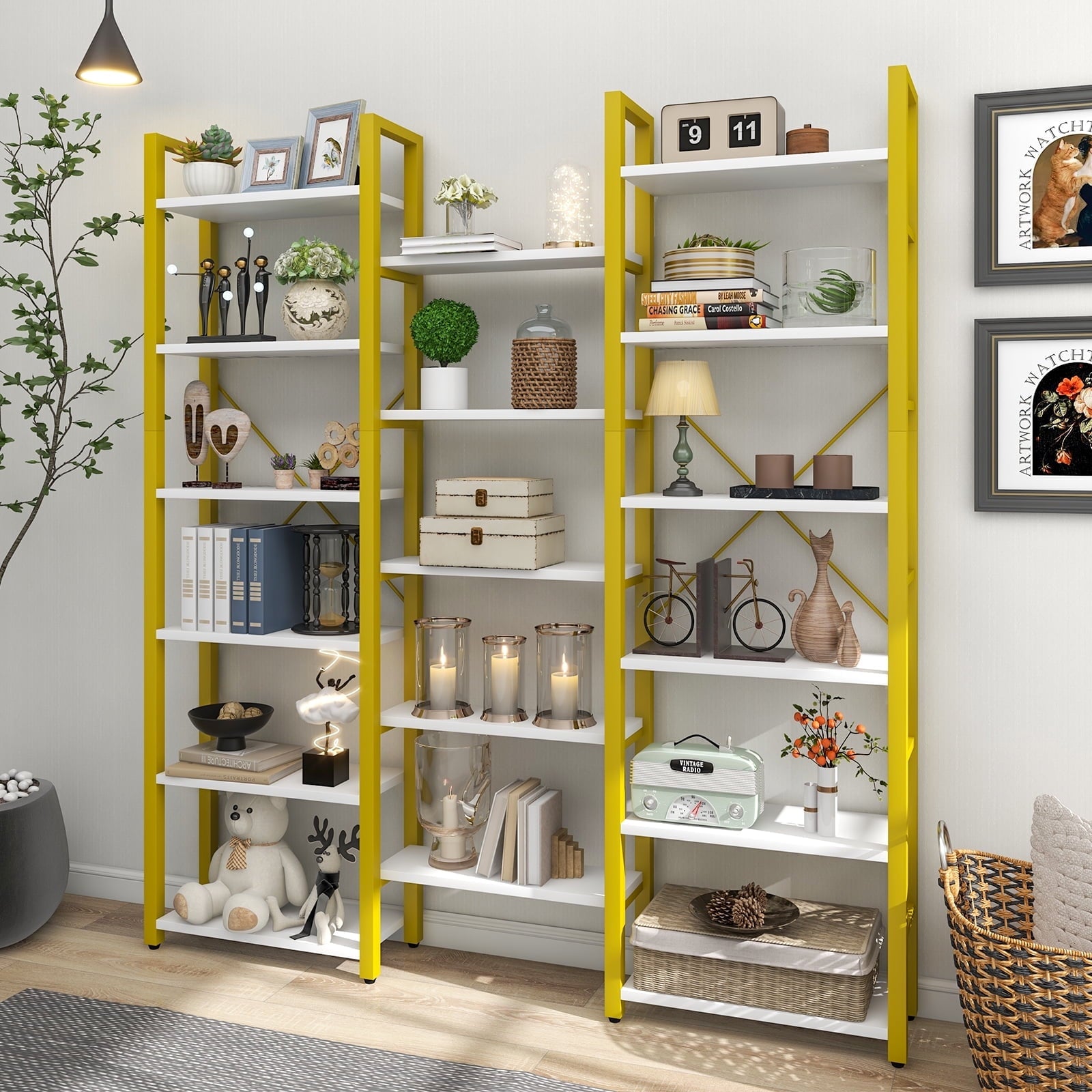 6-Shelf Corner Bookshelf Triple Wide Industrial Vintage Wood Style Large Open Bookcase for Home&Office, Gold