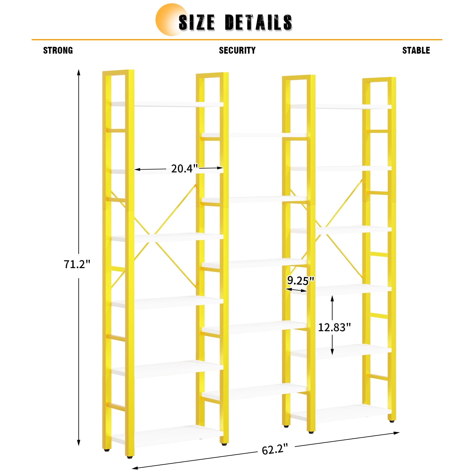 6-Shelf Corner Bookshelf Triple Wide Industrial Vintage Wood Style Large Open Bookcase for Home&Office, Gold
