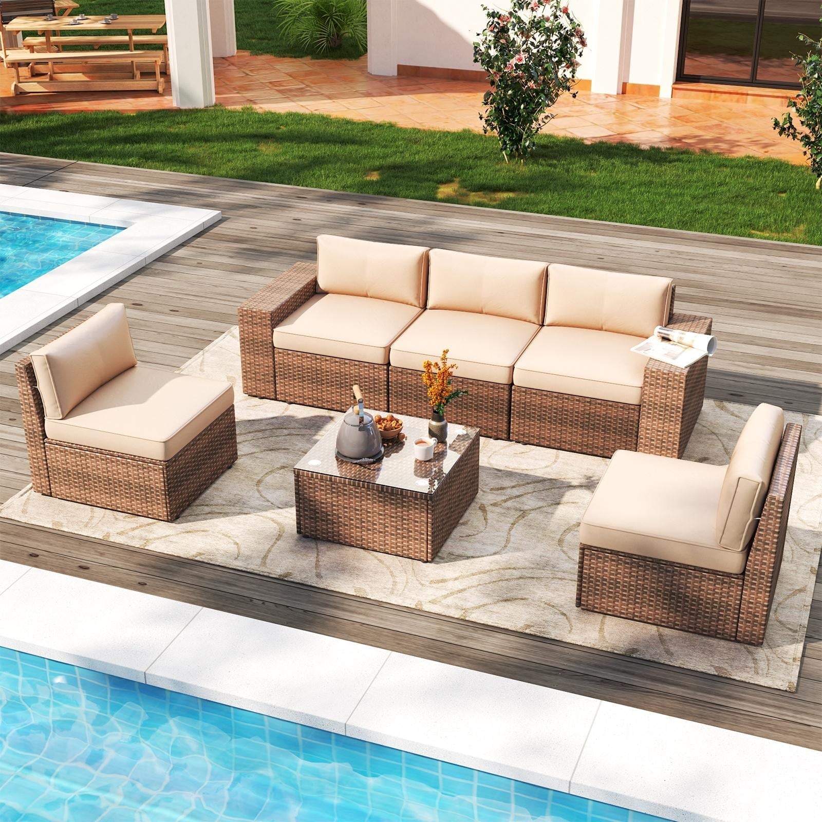 6 Pieces Patio Furniture Sets, Outdoor Sectional Rattan Sofa Set, Patio Furniture Set with Coffee Table, Beige