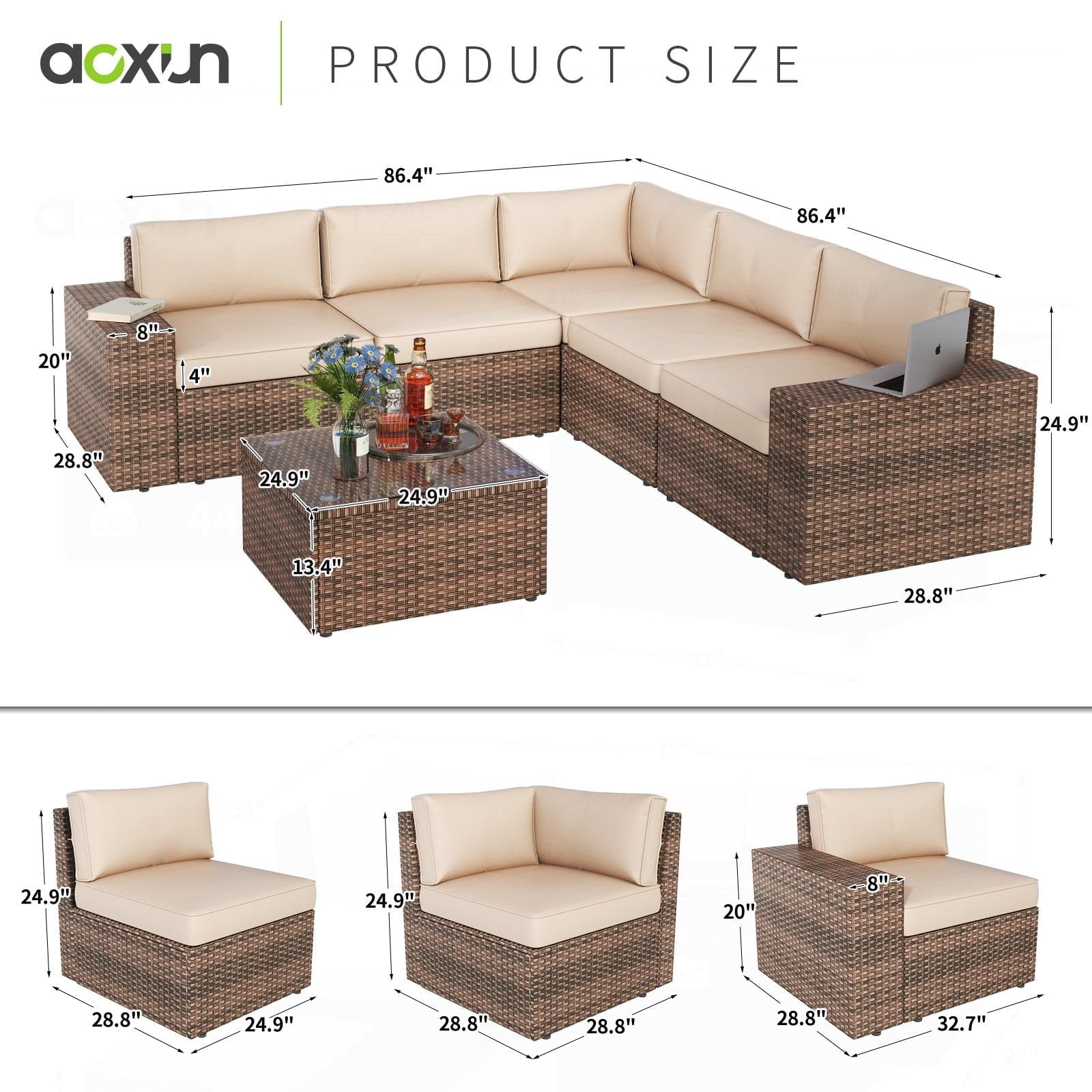 6 Pieces Patio Furniture Sets, Outdoor Sectional Rattan Sofa Set, Patio Furniture Set with Coffee Table, Beige
