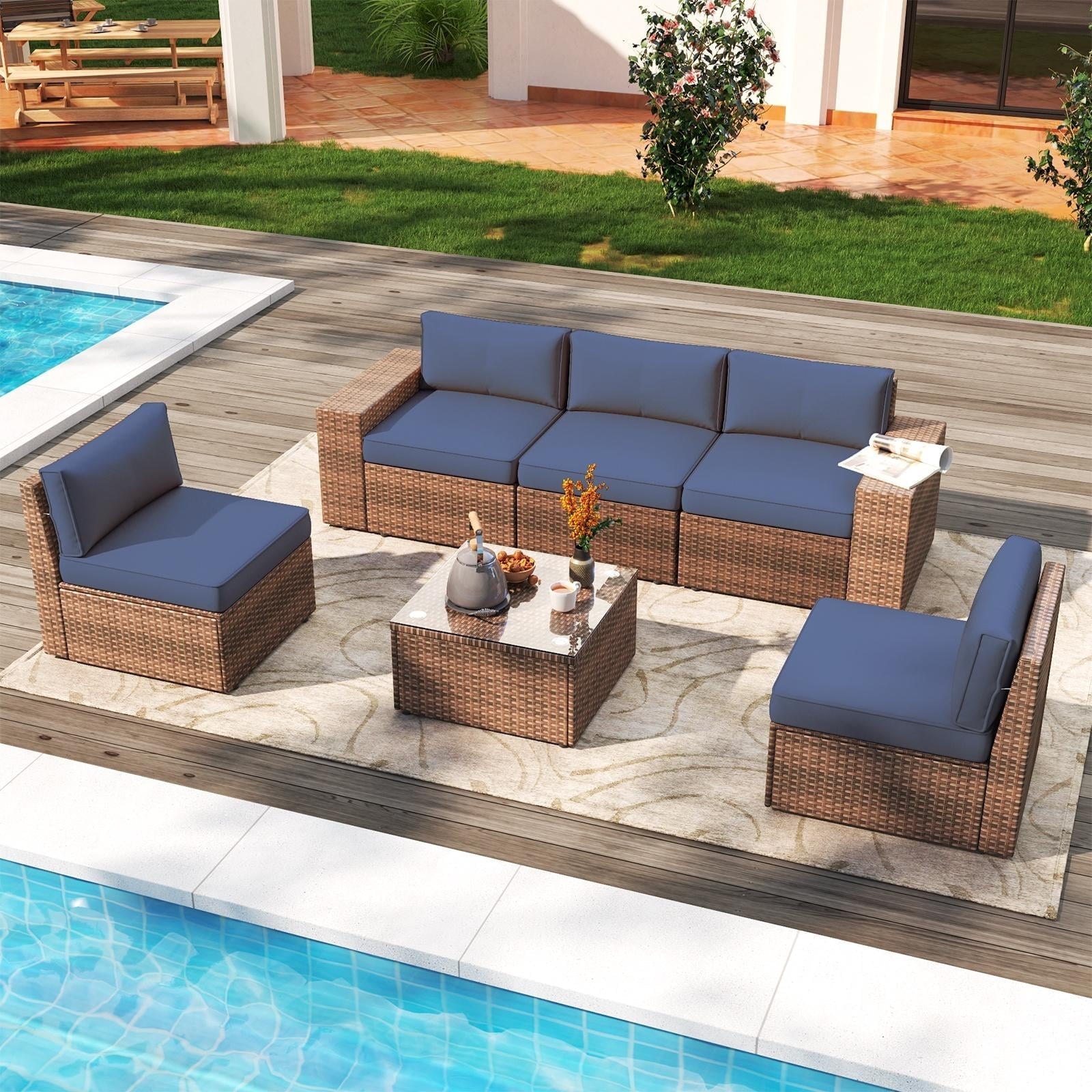 6 Pieces Patio Furniture Sets, Outdoor Sectional Rattan Sofa Set, Patio Furniture Set with Coffee Table, Blue