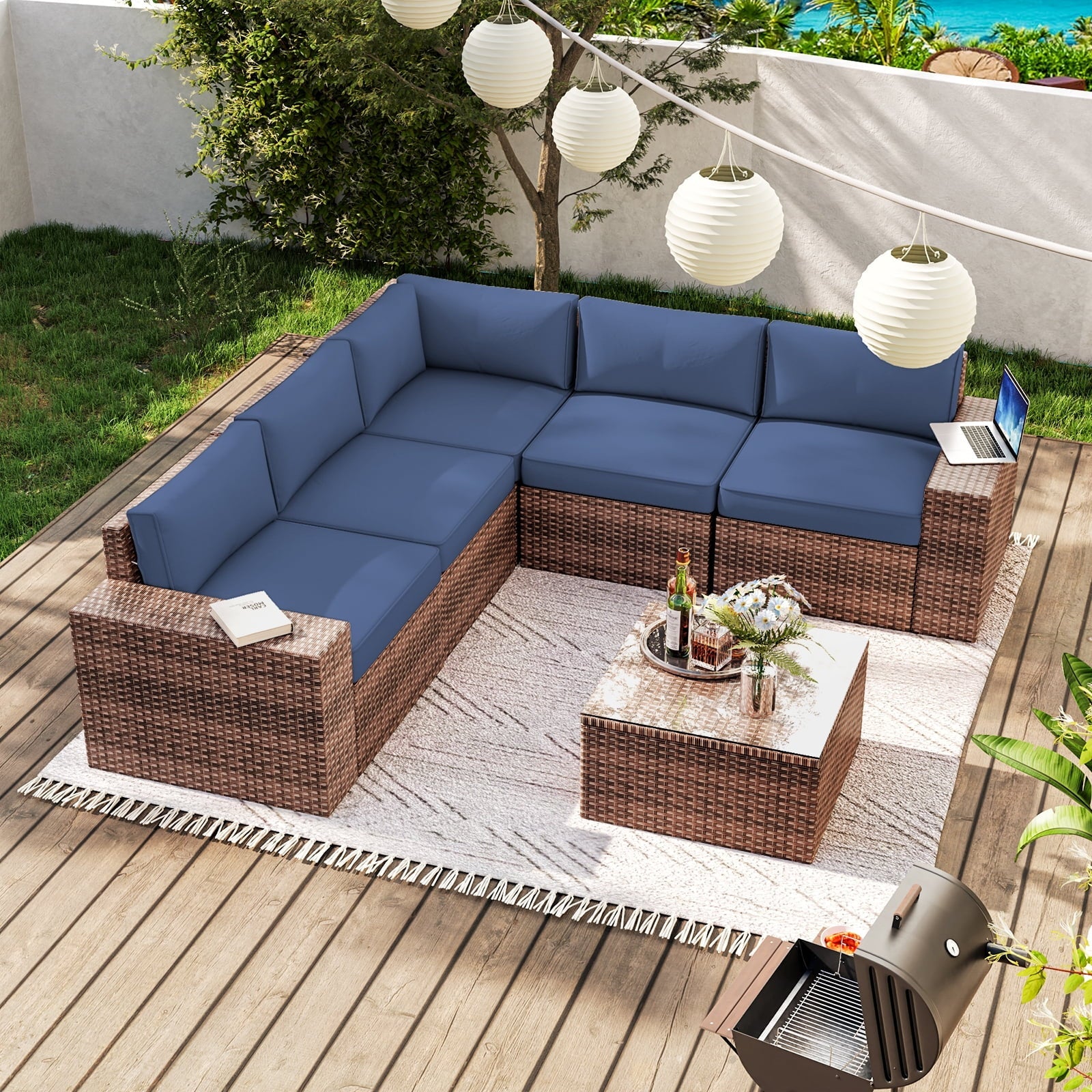 6 Pieces Patio Furniture Sets With Waterproof Cover, Outdoor Sectional Rattan Sofa Set, Outdoor Furniture Set with Coffee Table, Blue