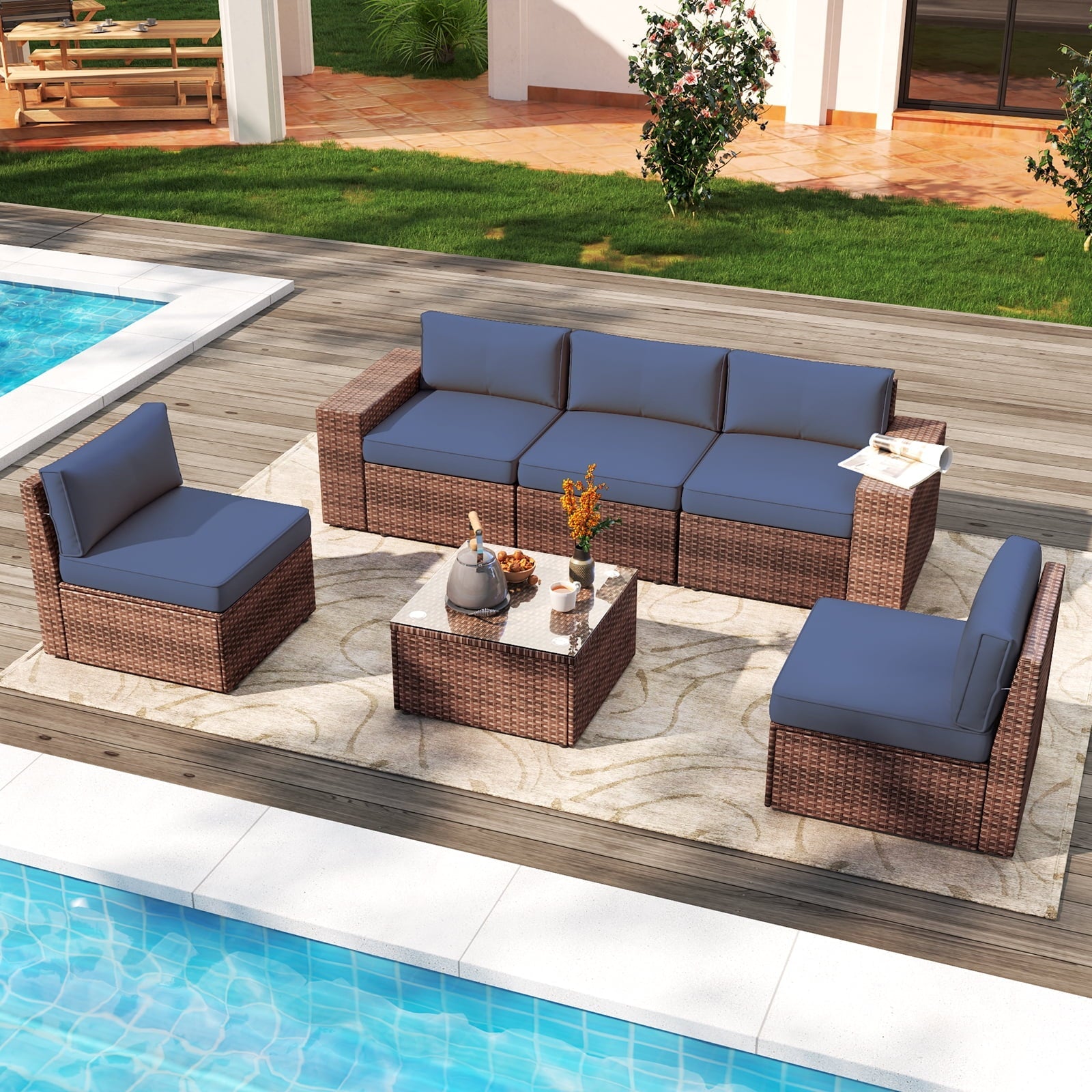 6 Pieces Patio Furniture Sets With Waterproof Cover, Outdoor Sectional Rattan Sofa Set, Outdoor Furniture Set with Coffee Table, Blue