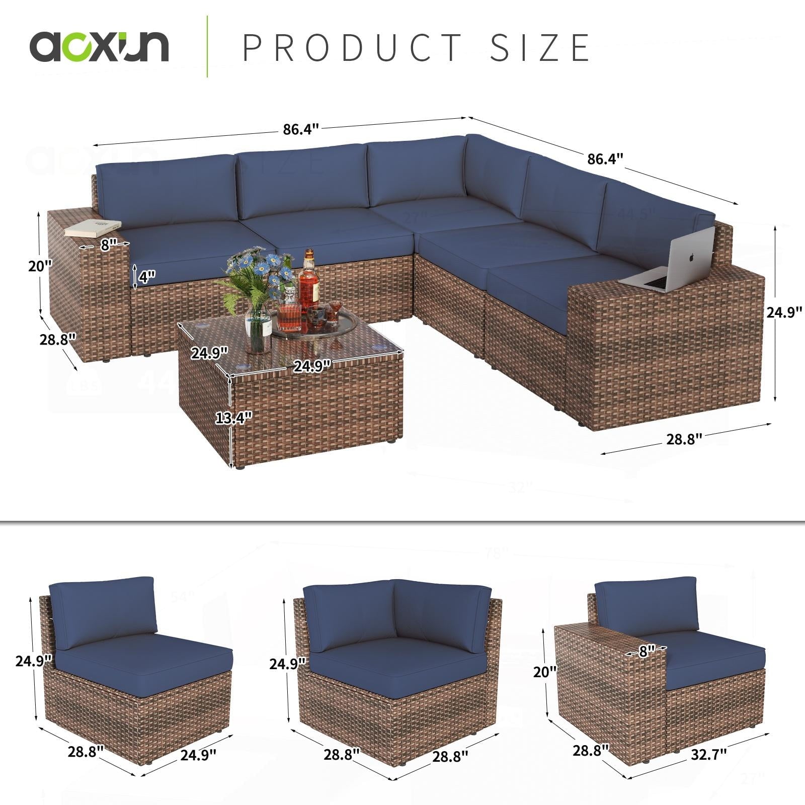 6 Pieces Patio Furniture Sets, Outdoor Sectional Rattan Sofa Set, Patio Furniture Set with Coffee Table, Blue