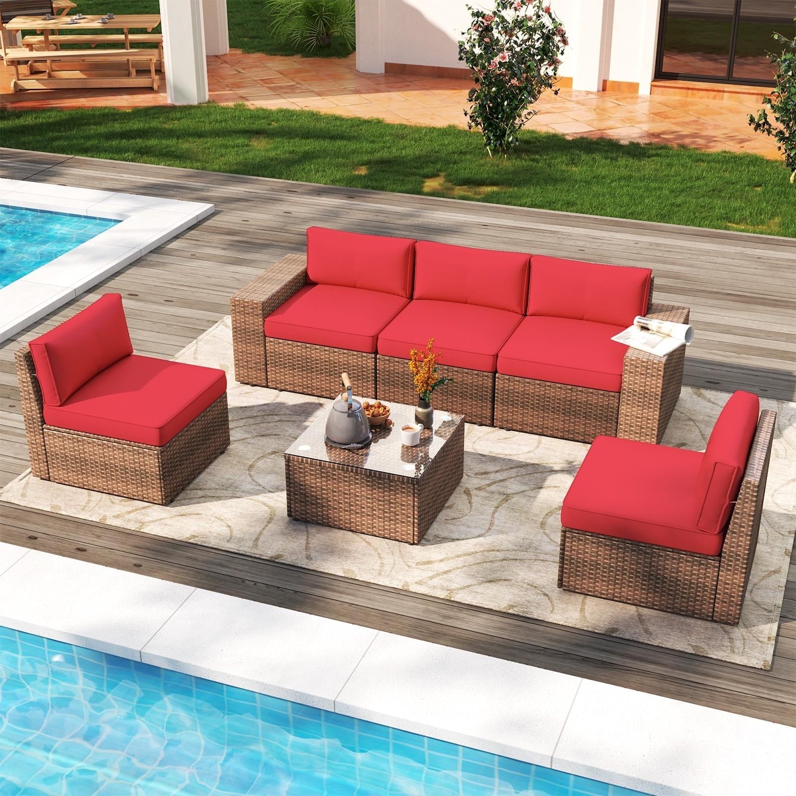 6 Pieces Patio Furniture Sets, Outdoor Sectional Rattan Sofa Set, Patio Furniture Set with Coffee Table, Red