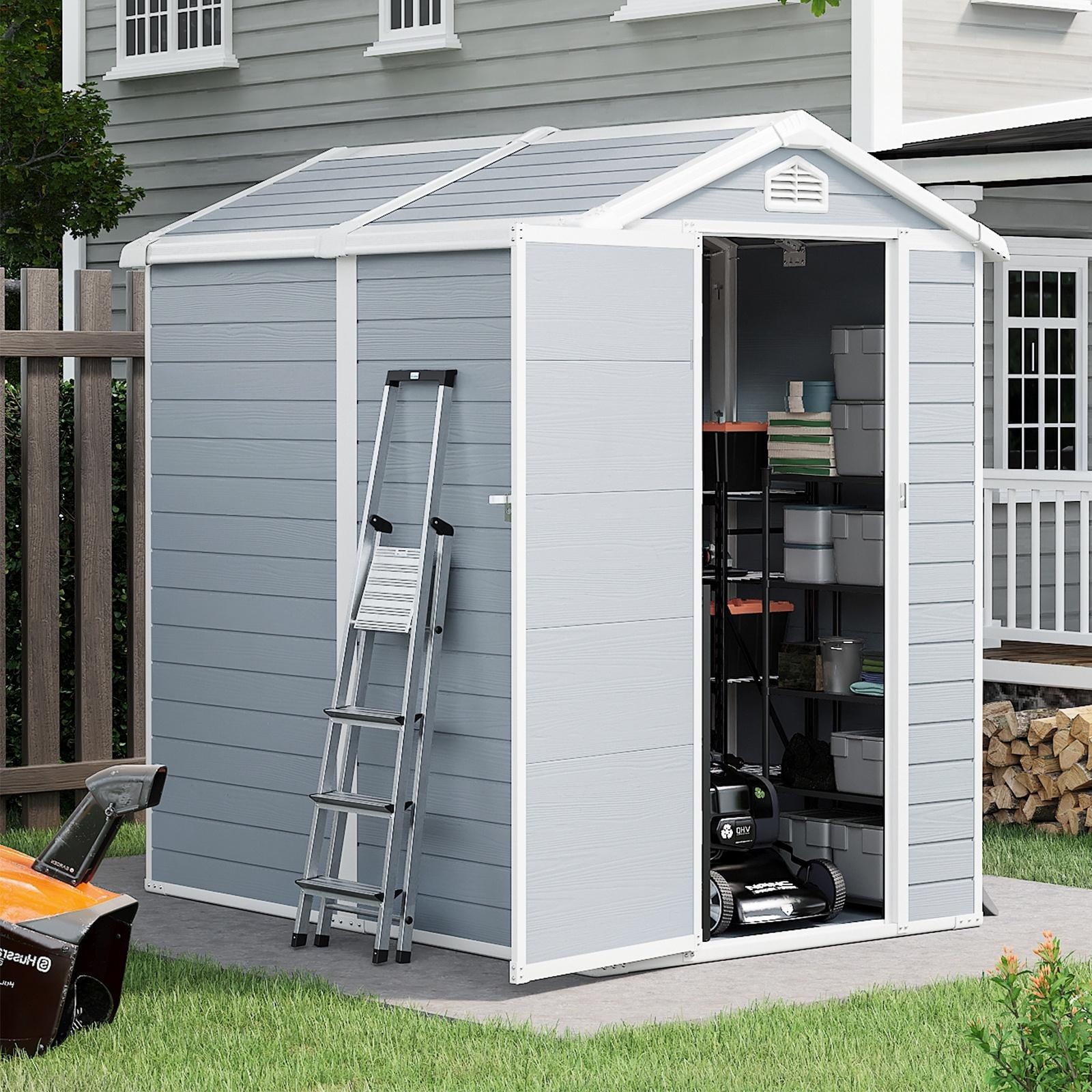 Sunmthink 6.3' x 4.4' Outdoor Storage Shed, Resin Storage Shed 173 cu ft, w/Lockable Single Door & Air Vent for Backyard