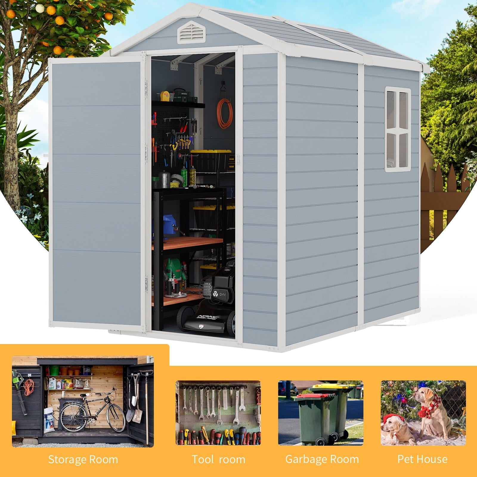 Sunmthink 6.3' x 4.4' Outdoor Storage Shed, Resin Storage Shed 173 cu ft, w/Lockable Single Door & Air Vent for Backyard