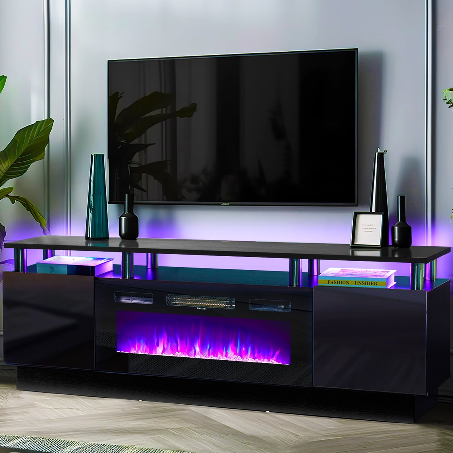 Fireplace TV Stand, Entertainment Center for TVs up to 80", 70” TV Stand with 36'' Electric Fireplace, LED Lights Entertainment Center, TV Console, Black